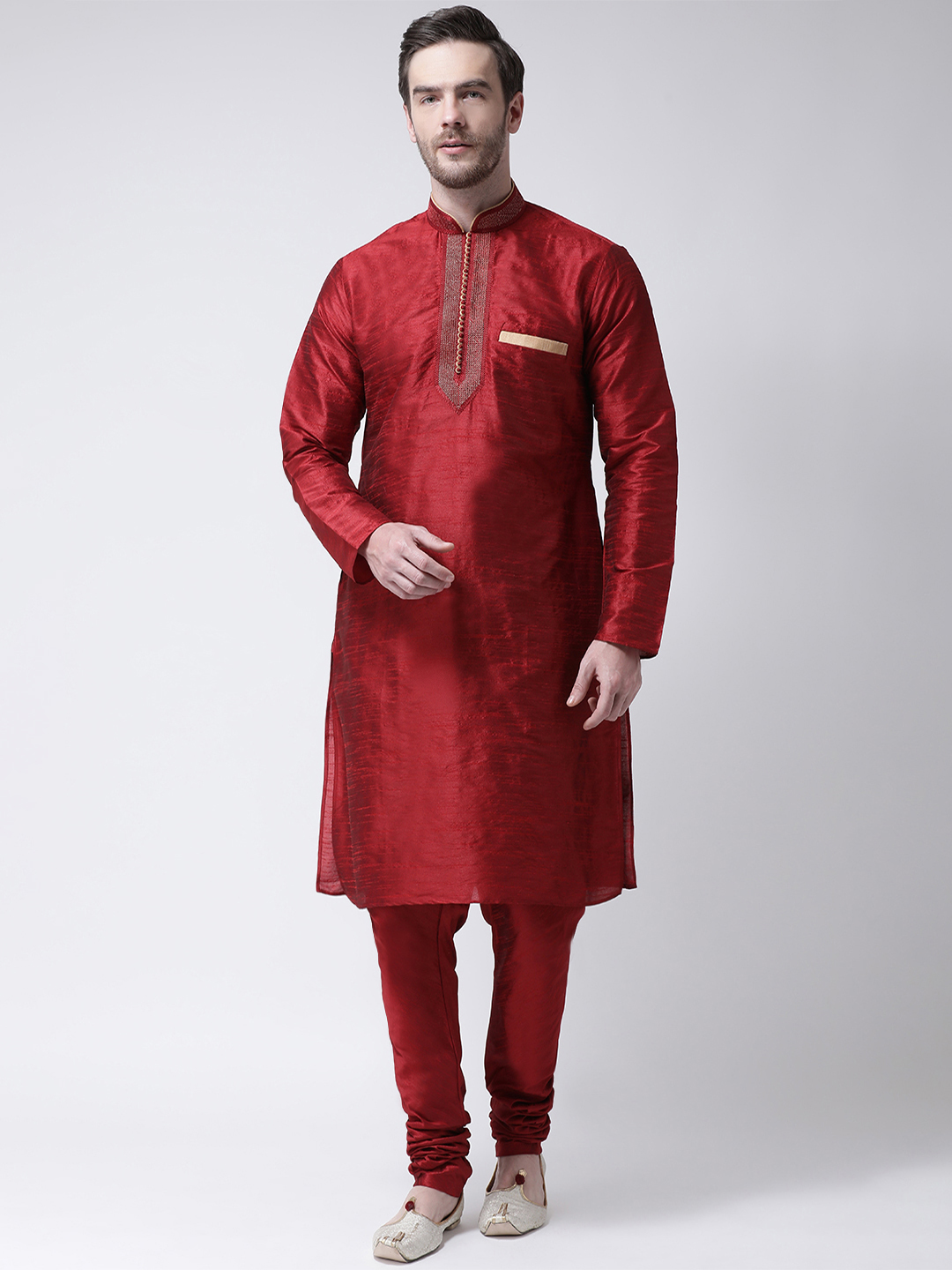 Kurta And Churidar Set - Raw Silk, Size M/l/xl/xxl, Black/coffee/cream/firozi/mahroon/navy Blue/peach/phone/royal Blue/tassar/white | Long Sleeves, Mandarin Collar, Button Closure, Regular Fit, Summer Wear