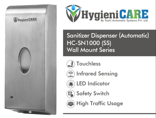 Automatic Sanitizer Dispenser - Stainless Steel 304, 1000 ml Capacity, 2 ml Dispense Volume, CE Certified, 25,000 Drops Battery Life, Sensor Range 5-15 cm