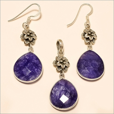 Sterling Silver Natural African Clue Sapphire Jewelry Set Gender: Women