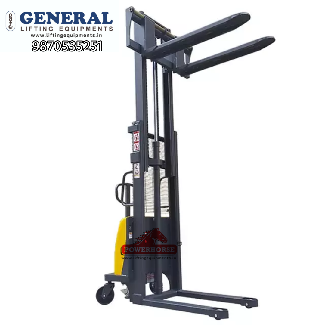 Semi Electric Stacker - Steel, 1200 X 600 X 1800 Mm | 1.5 Ton Capacity, 3 Meter Lift Height, Lead Acid Battery, 0.75 Kw Motor