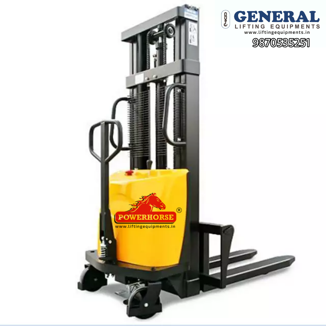 Semi Electric Stacker - Steel, 1200 X 600 X 1800 Mm | 1.5 Ton Capacity, 3 Meter Lift Height, Lead Acid Battery, 0.75 Kw Motor