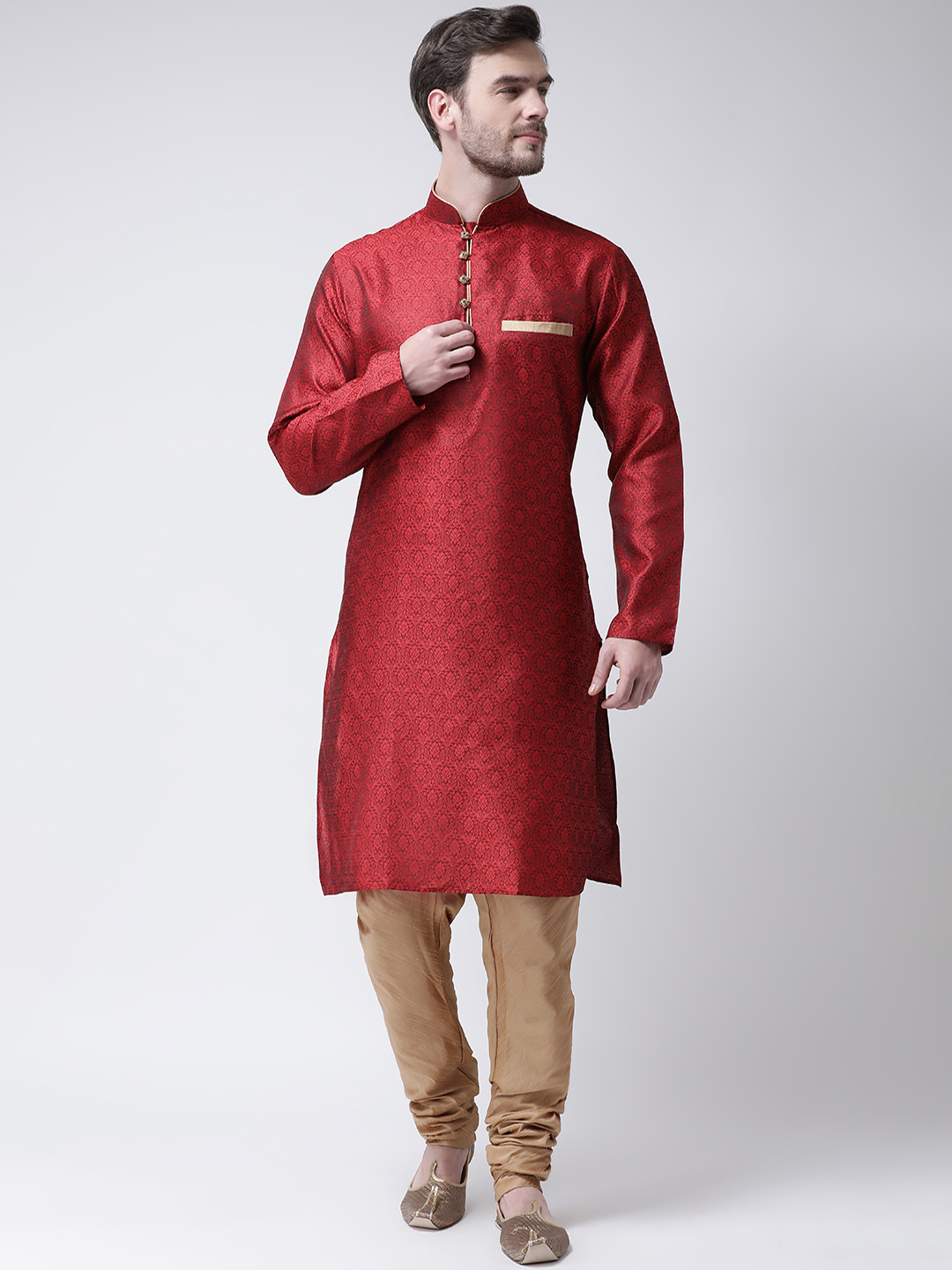 Raw Silk Kurta And Churidar Set - Regular Fit, Available In Sizes S, M, L, Xl | Full Sleeves, Printed Pattern, Mandarin Collar, Ideal For Summer Wear