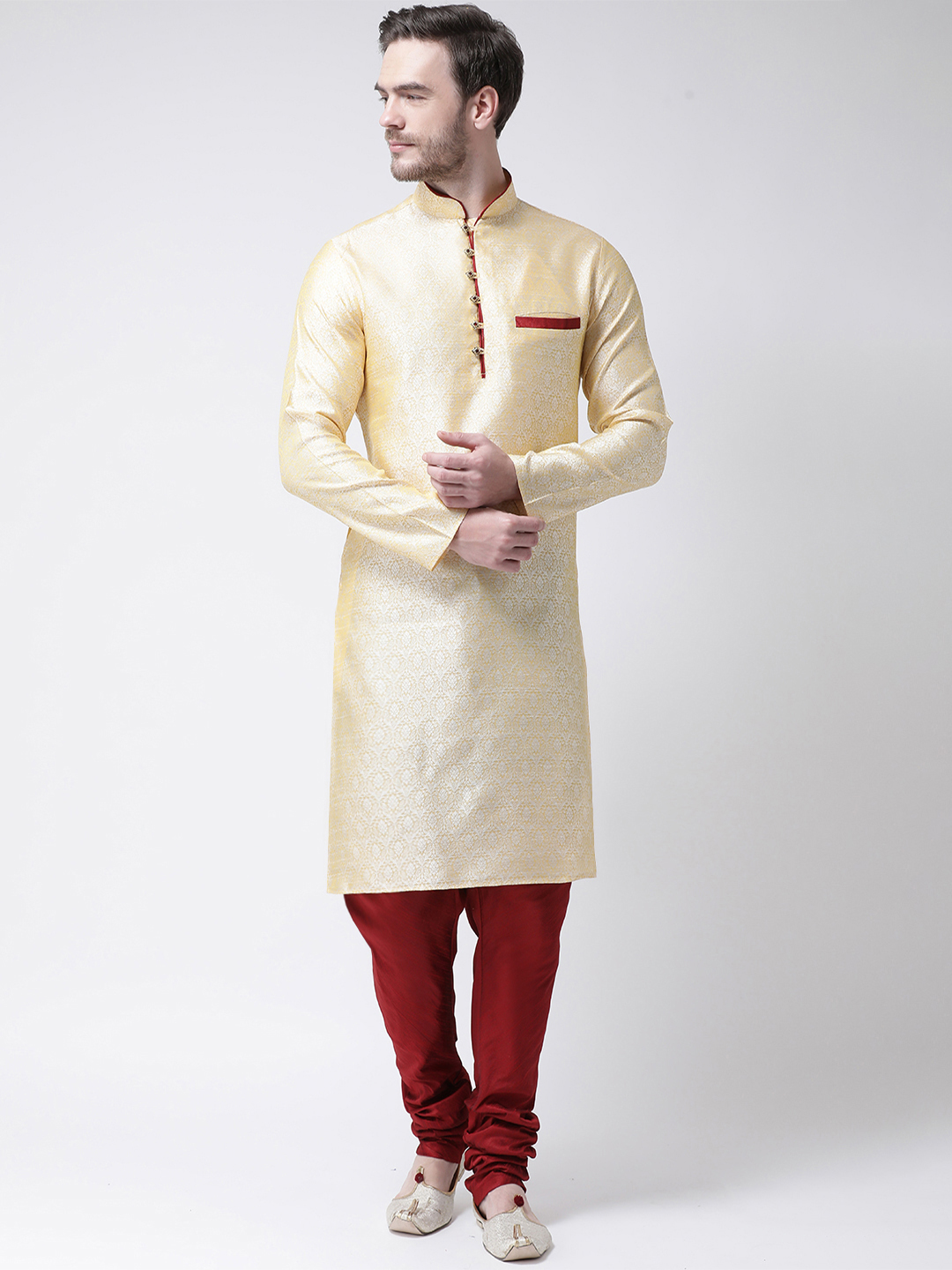 Raw Silk Kurta And Churidar Set - Regular Fit, Available In Sizes S, M, L, Xl | Full Sleeves, Printed Pattern, Mandarin Collar, Ideal For Summer Wear