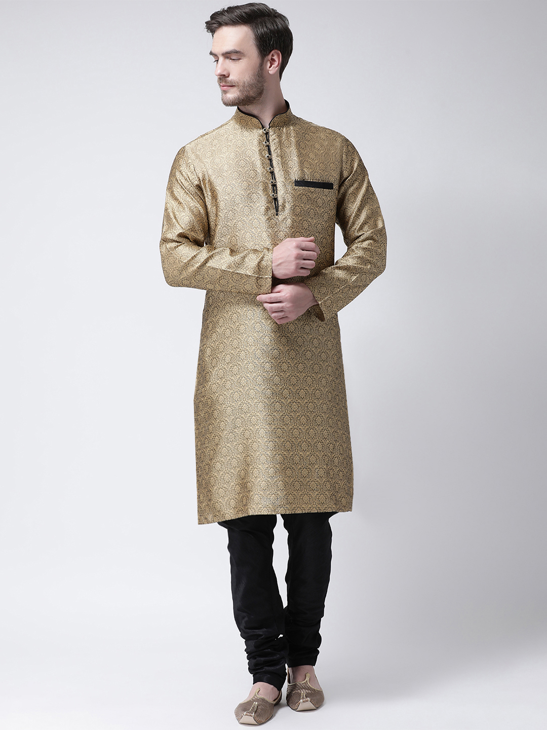 Raw Silk Kurta And Churidar Set - Regular Fit, Available In Sizes S, M, L, Xl | Full Sleeves, Printed Pattern, Mandarin Collar, Ideal For Summer Wear