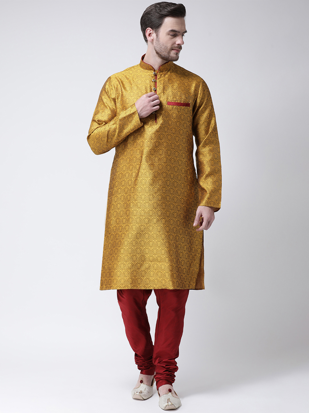Raw Silk Kurta And Churidar Set - Regular Fit, Available In Sizes S, M, L, Xl | Full Sleeves, Printed Pattern, Mandarin Collar, Ideal For Summer Wear