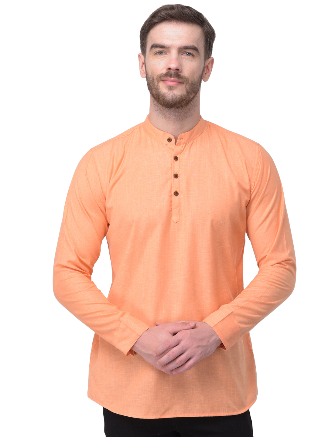 Men Solid Polyester Straight Kurta - Polyester, Sizes [S, M, L, Xl, Xxl], Colors: Black, Cream, Lemon, Maroon, Orange, Pink, Sky Blue | Features: Mandarin Collar, Long Sleeves, Full Button Closure