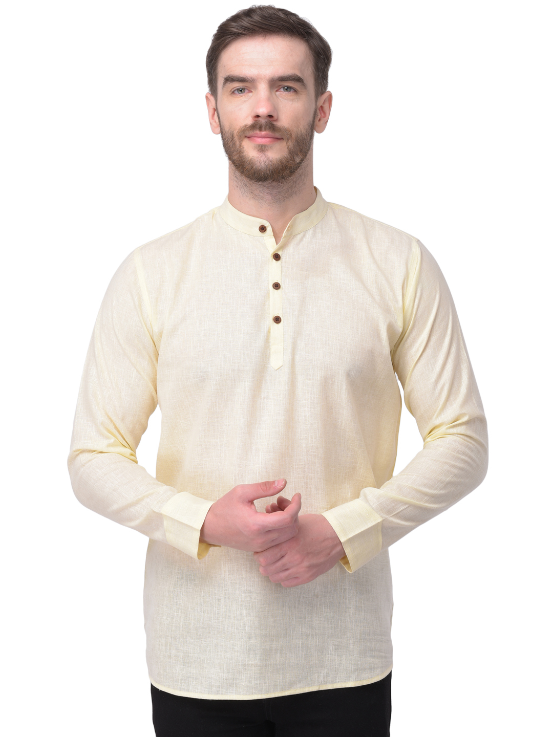 Men Solid Polyester Straight Kurta - Polyester, Sizes [S, M, L, Xl, Xxl], Colors: Black, Cream, Lemon, Maroon, Orange, Pink, Sky Blue | Features: Mandarin Collar, Long Sleeves, Full Button Closure