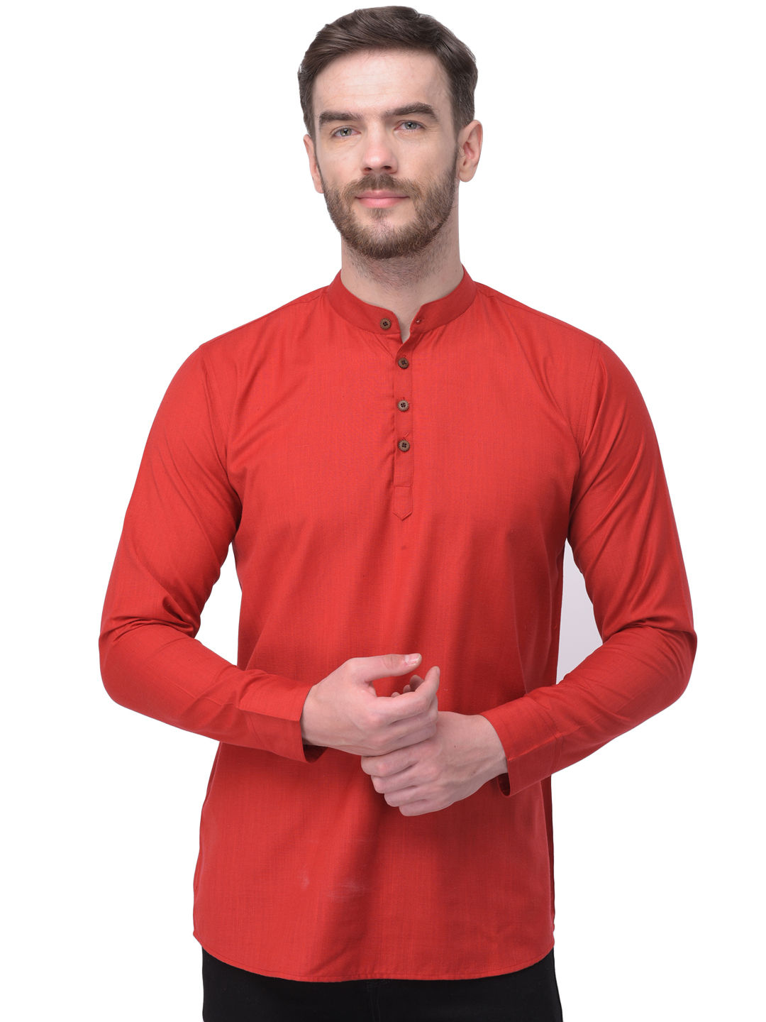 Men Solid Polyester Straight Kurta - Polyester, Sizes [S, M, L, Xl, Xxl], Colors: Black, Cream, Lemon, Maroon, Orange, Pink, Sky Blue | Features: Mandarin Collar, Long Sleeves, Full Button Closure