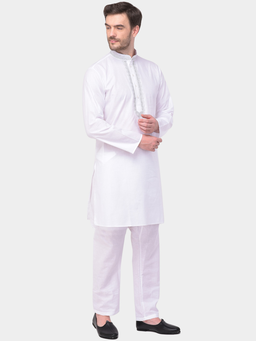 Men Cotton Kurta Pajama - Full Sleeved Regular Fit Plain White | Mandarin Collar Long Sleeves Summer Wear Available In Sizes S To Xl