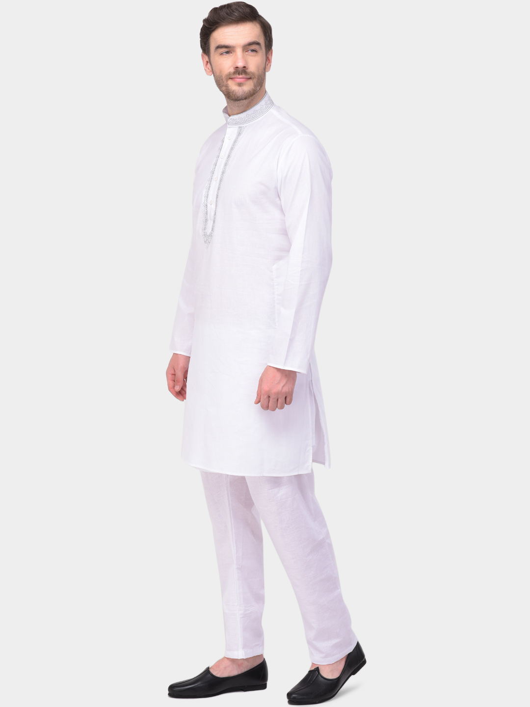 Men Cotton Kurta Pajama - Full Sleeved Regular Fit Plain White | Mandarin Collar Long Sleeves Summer Wear Available In Sizes S To Xl