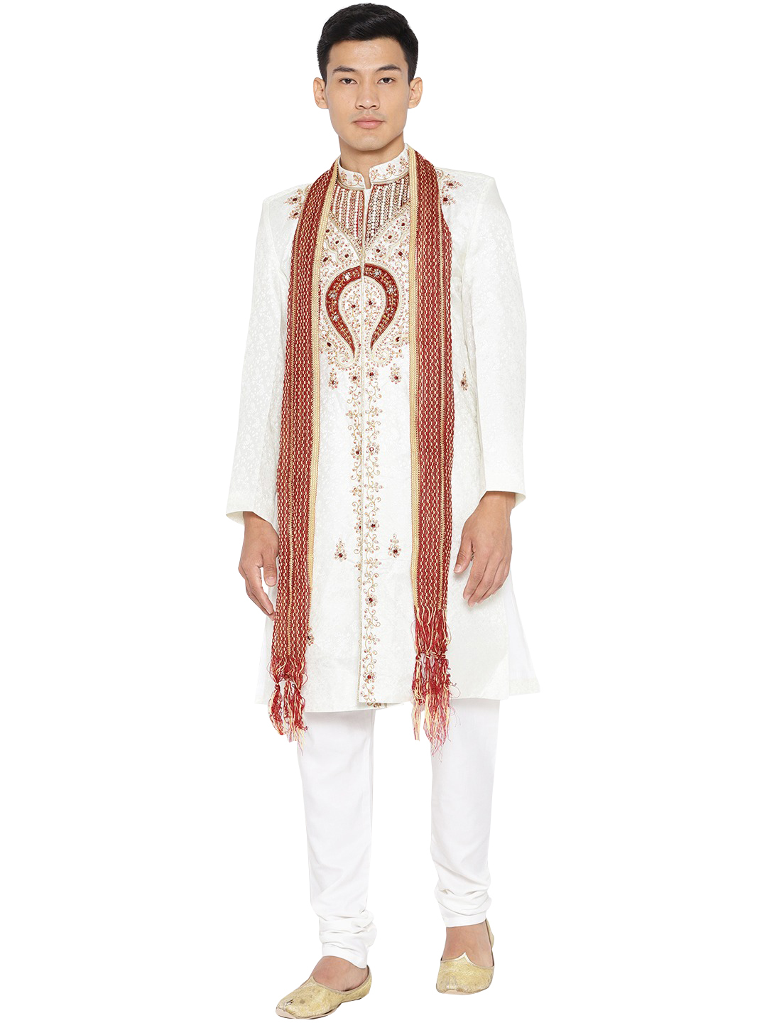 Cream Wedding Sherwani Set With Dupatta