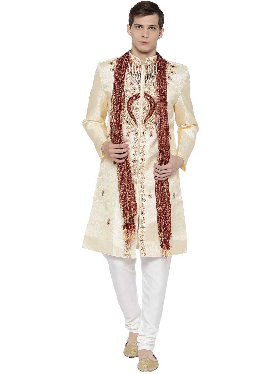 Cream Wedding Sherwani Set With Dupatta