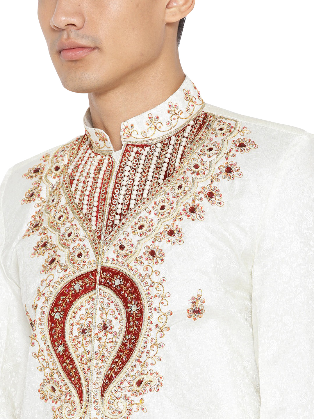 Cream Wedding Sherwani Set With Dupatta