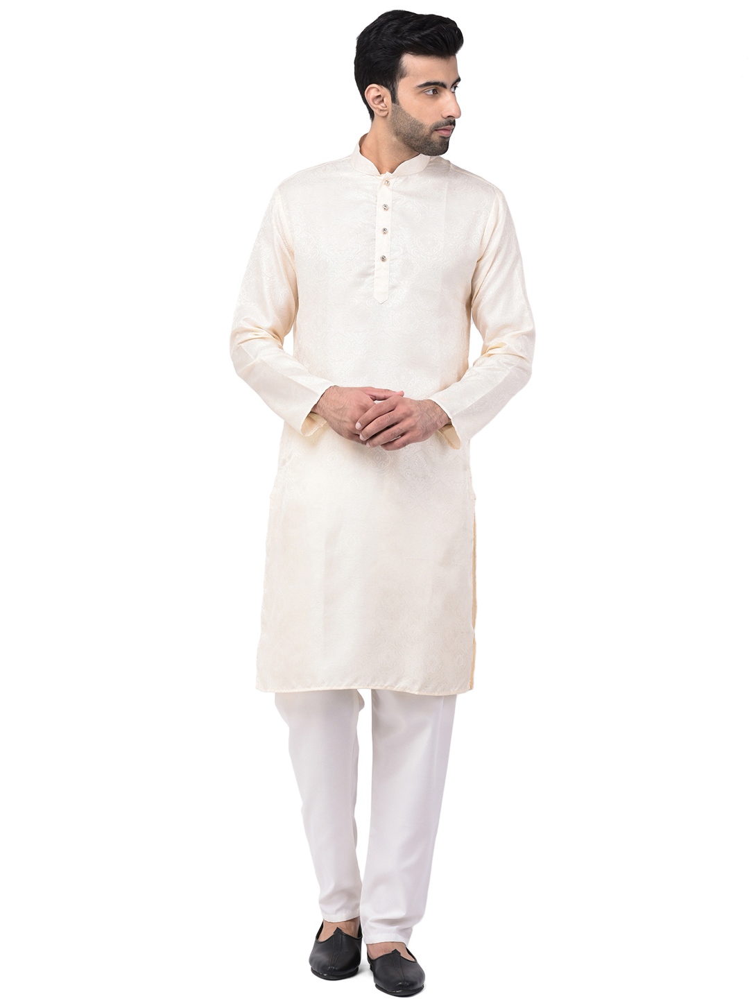 Jacquard Raw Silk Kurta Set - Regular Fit, Full Sleeved, Mandarin Collar, Available In Multiple Colors