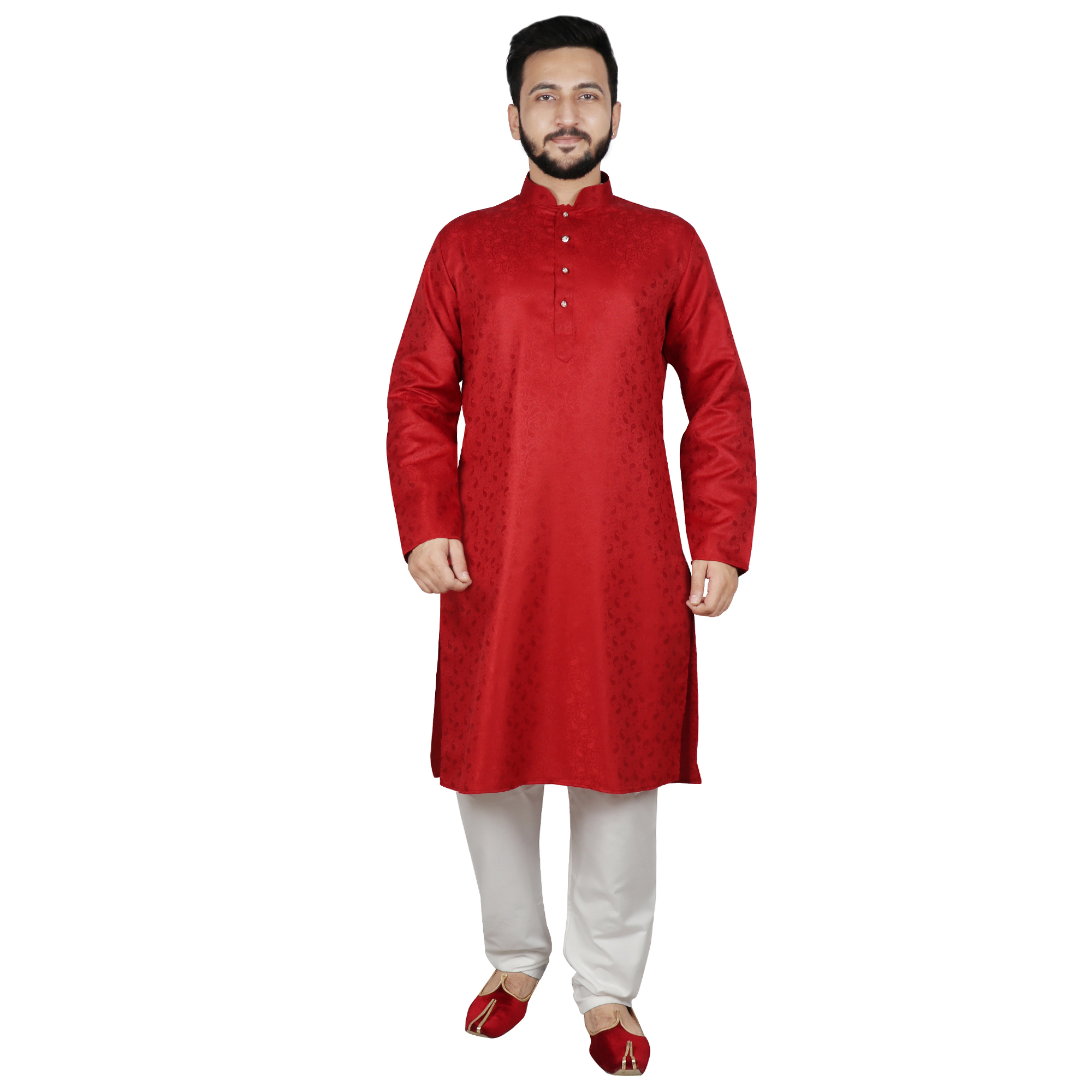 Jacquard Raw Silk Kurta Set - Regular Fit, Full Sleeved, Mandarin Collar, Available In Multiple Colors