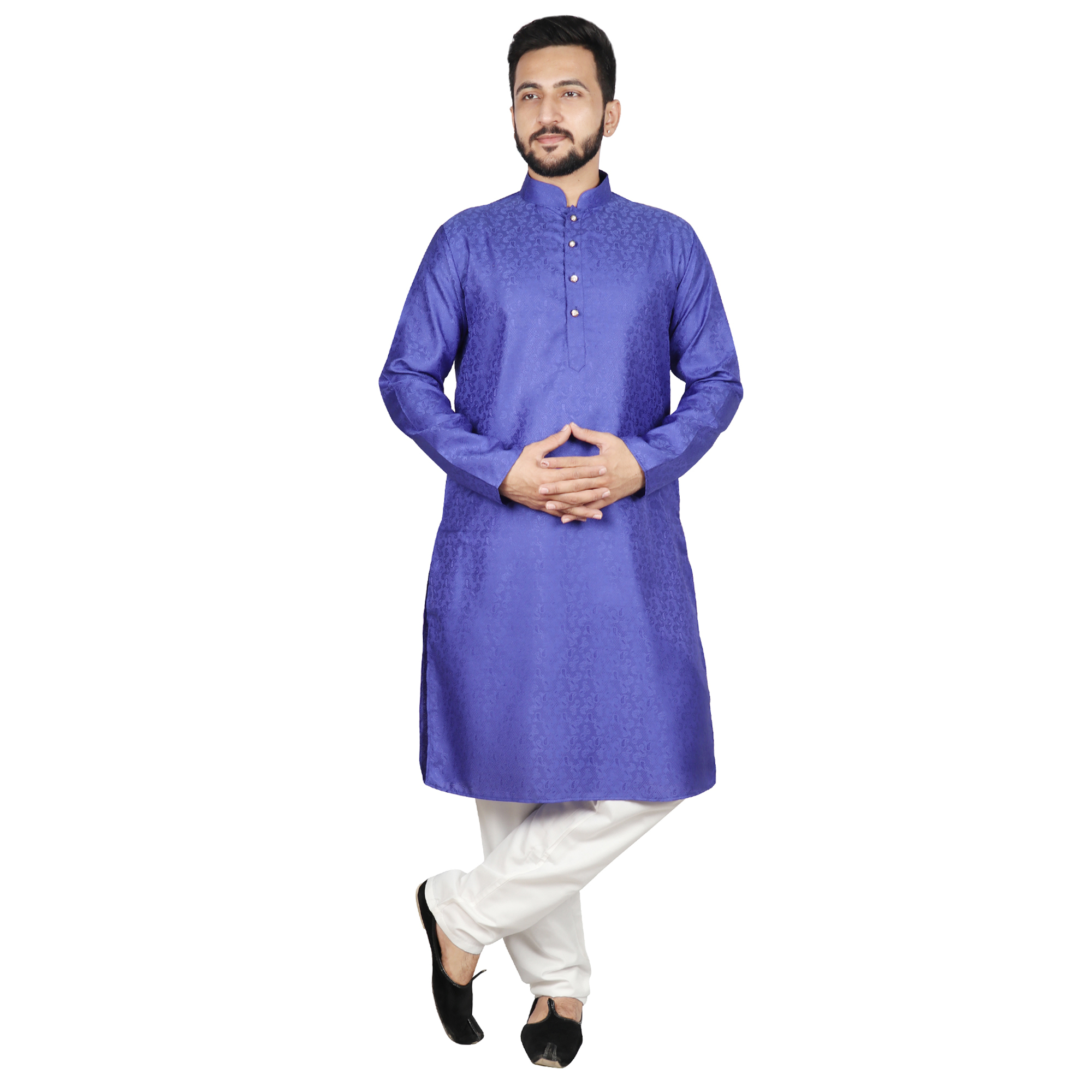 Jacquard Raw Silk Kurta Set - Regular Fit, Full Sleeved, Mandarin Collar, Available In Multiple Colors