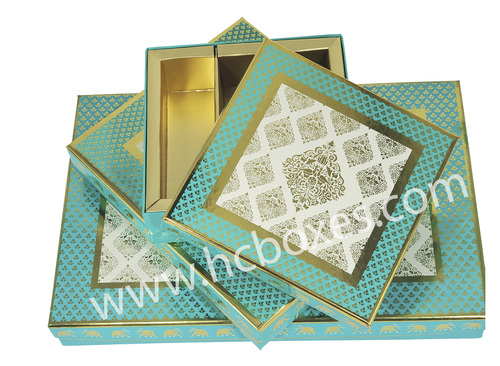 Motif Covered Sweet Box - Cardboard, 8 x 7.5 x 1.5 Inch, Sea Green | Glossy Lamination, Foil Stamping, Rectangular Shape, Gift Packaging