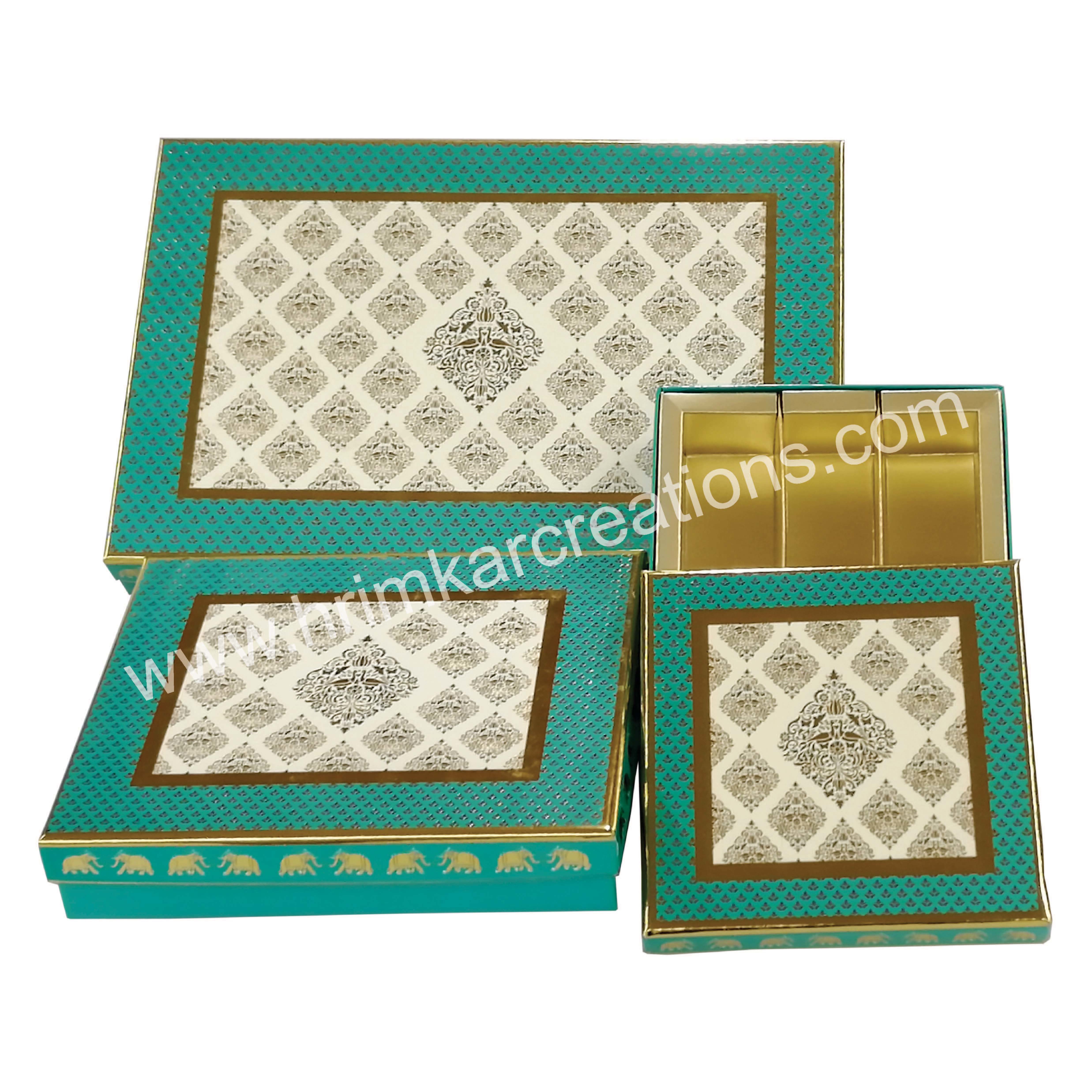 Motif Covered Sweet Box - Cardboard, 8 X 7.5 X 1.5 Inch, Sea Green | Glossy Lamination, Foil Stamping, Rectangular Shape, Gift Packaging