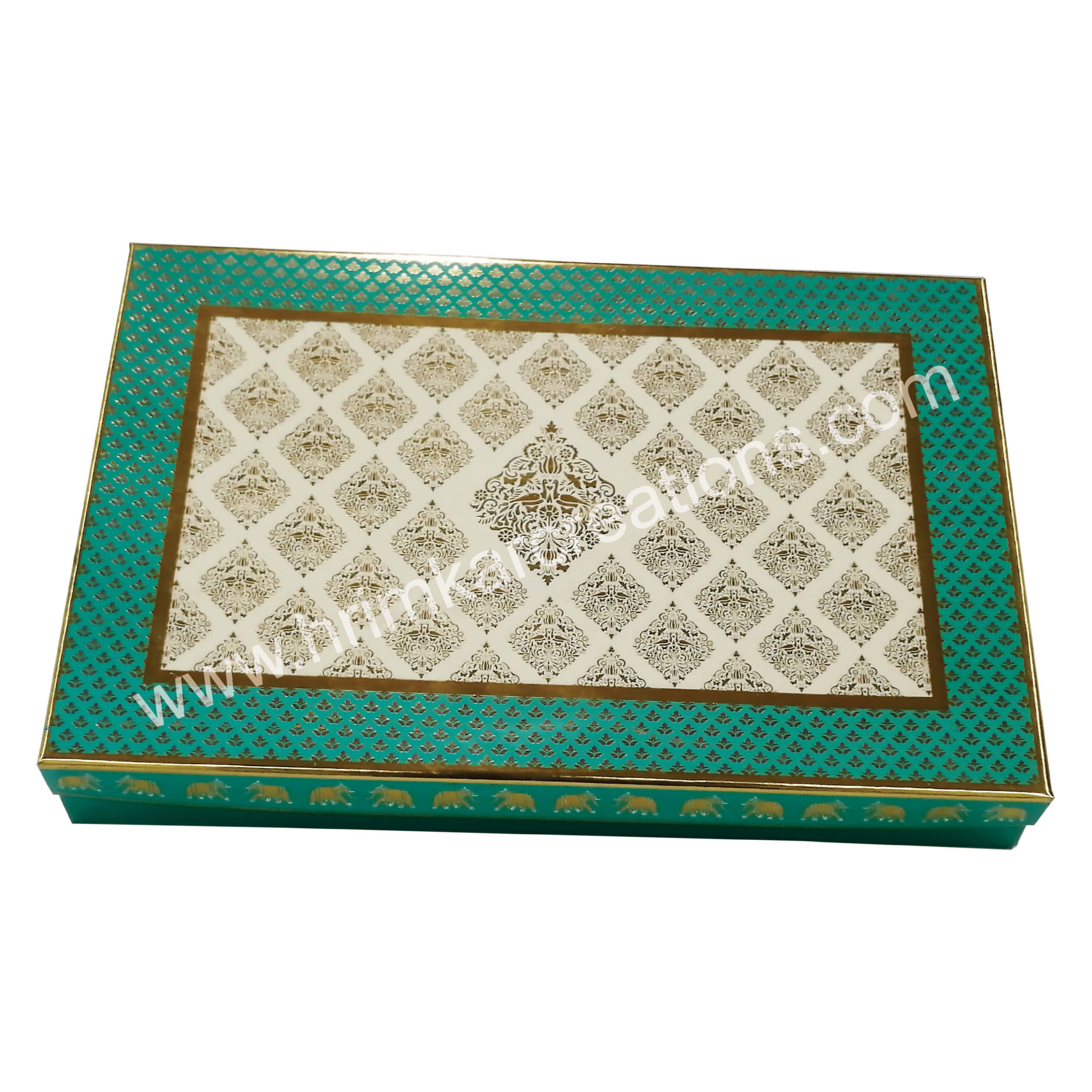 Motif Covered Sweet Box - Cardboard, 8 X 7.5 X 1.5 Inch, Sea Green | Glossy Lamination, Foil Stamping, Rectangular Shape, Gift Packaging