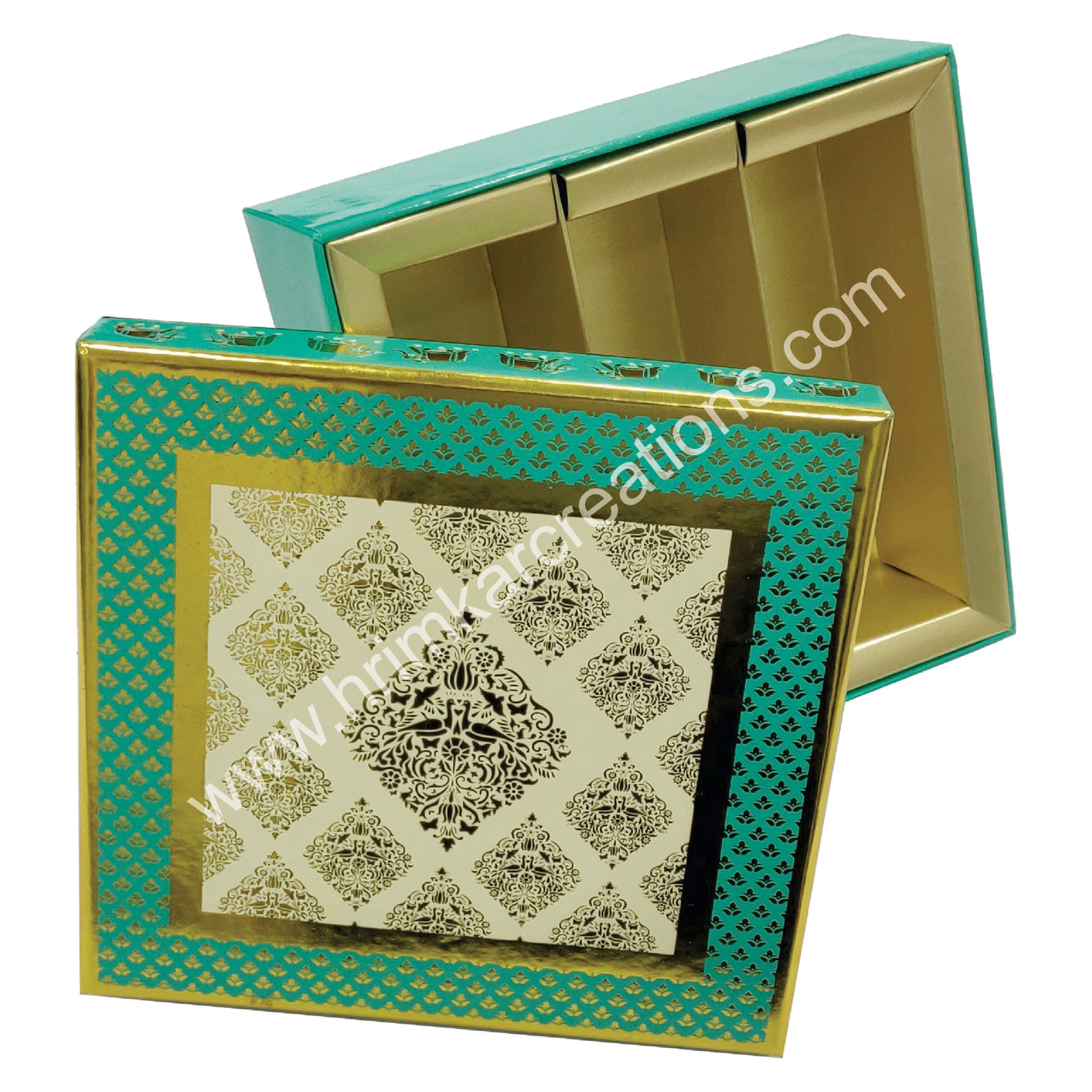 Motif Covered Sweet Box - Cardboard, 8 X 7.5 X 1.5 Inch, Sea Green | Glossy Lamination, Foil Stamping, Rectangular Shape, Gift Packaging