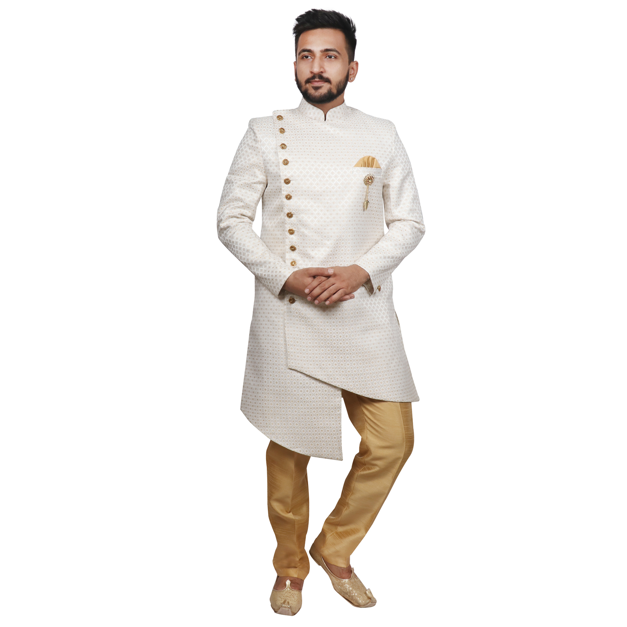 Dwhite Self Design Asymmetric Sherwani