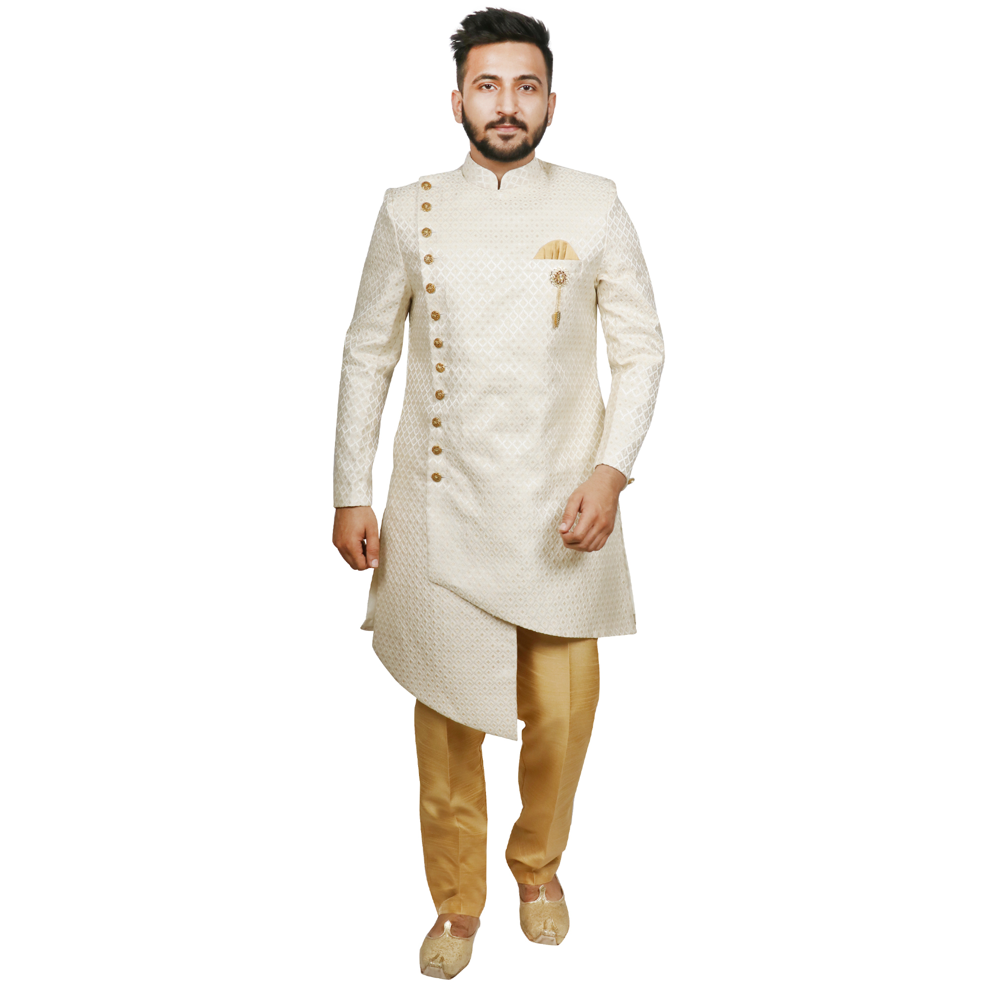 Dwhite Self Design Asymmetric Sherwani