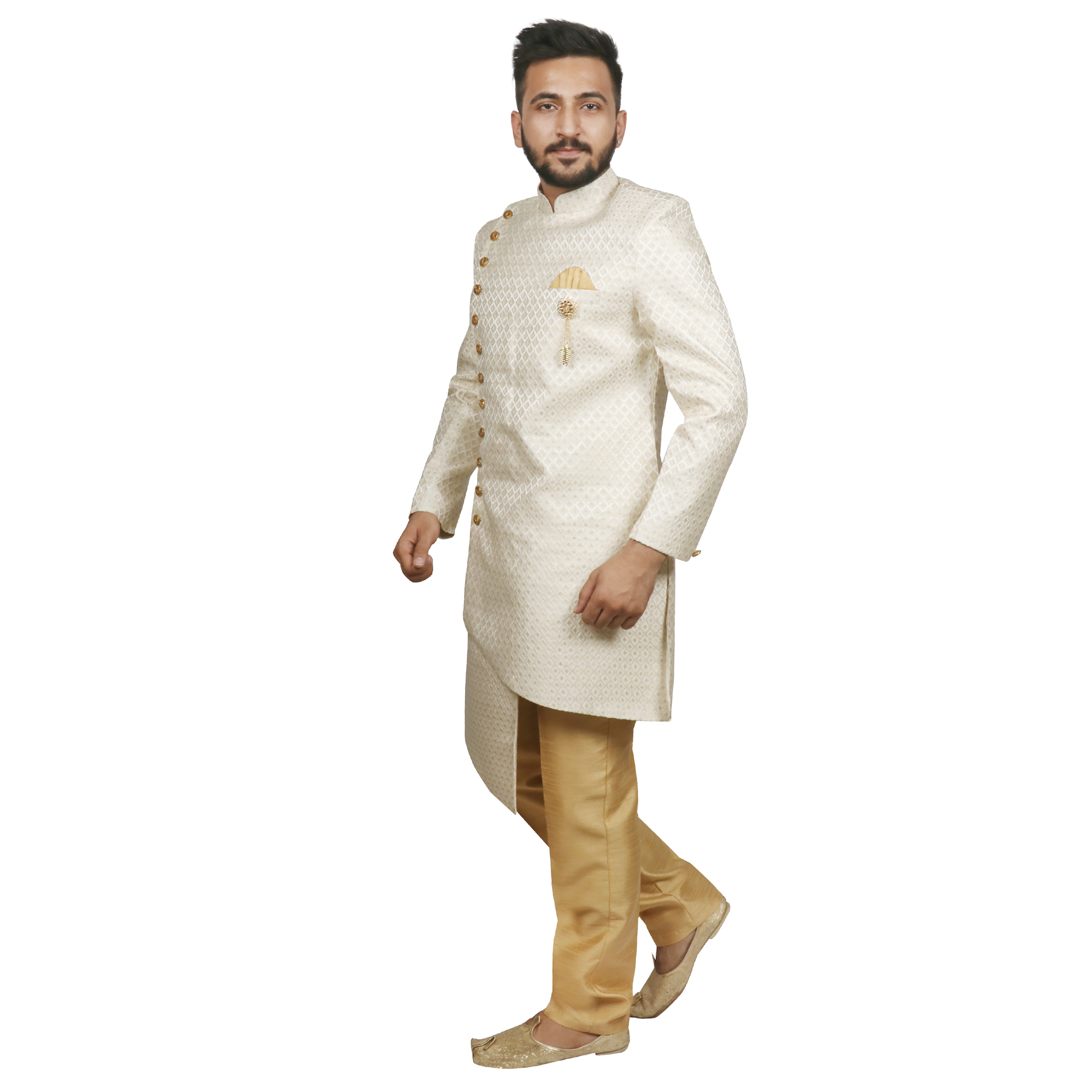 Dwhite Self Design Asymmetric Sherwani