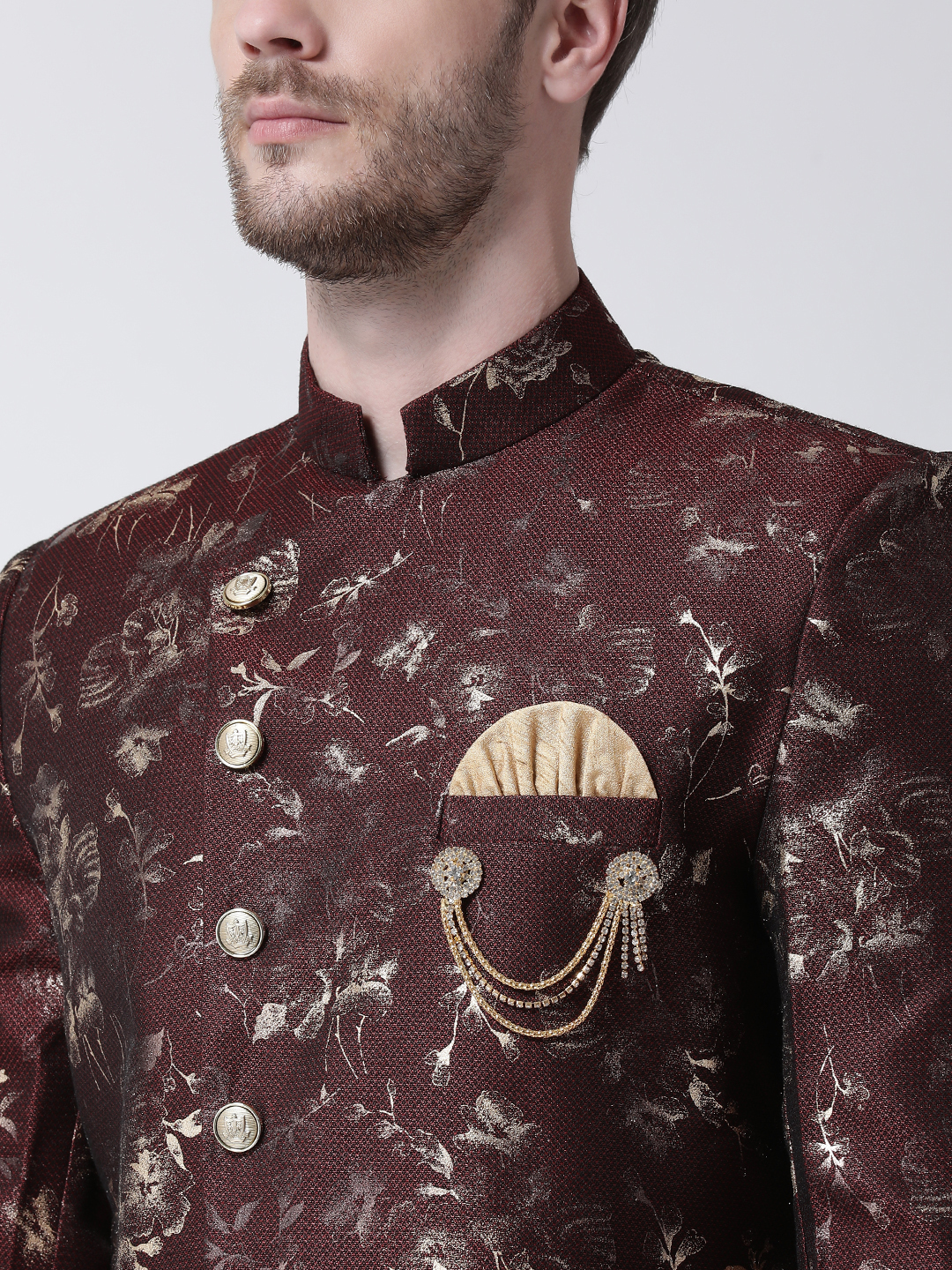 Maroon Men Raw Silk Indo Western Sherwani Set