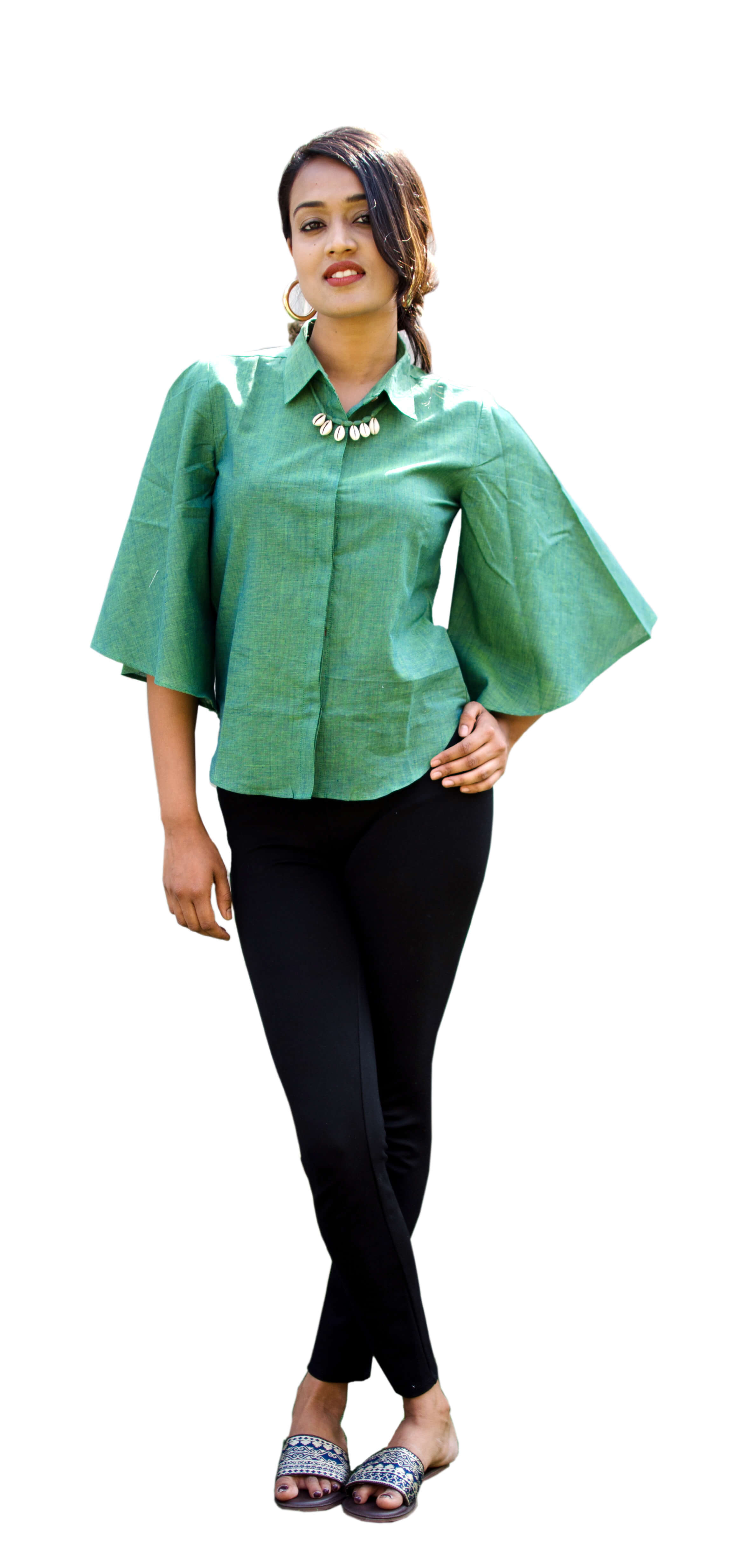 Cotton Top - Sizes Xs To Xxl, Green Flaired Bell Sleeved Design, Ethnic Printed Pattern For All Ages