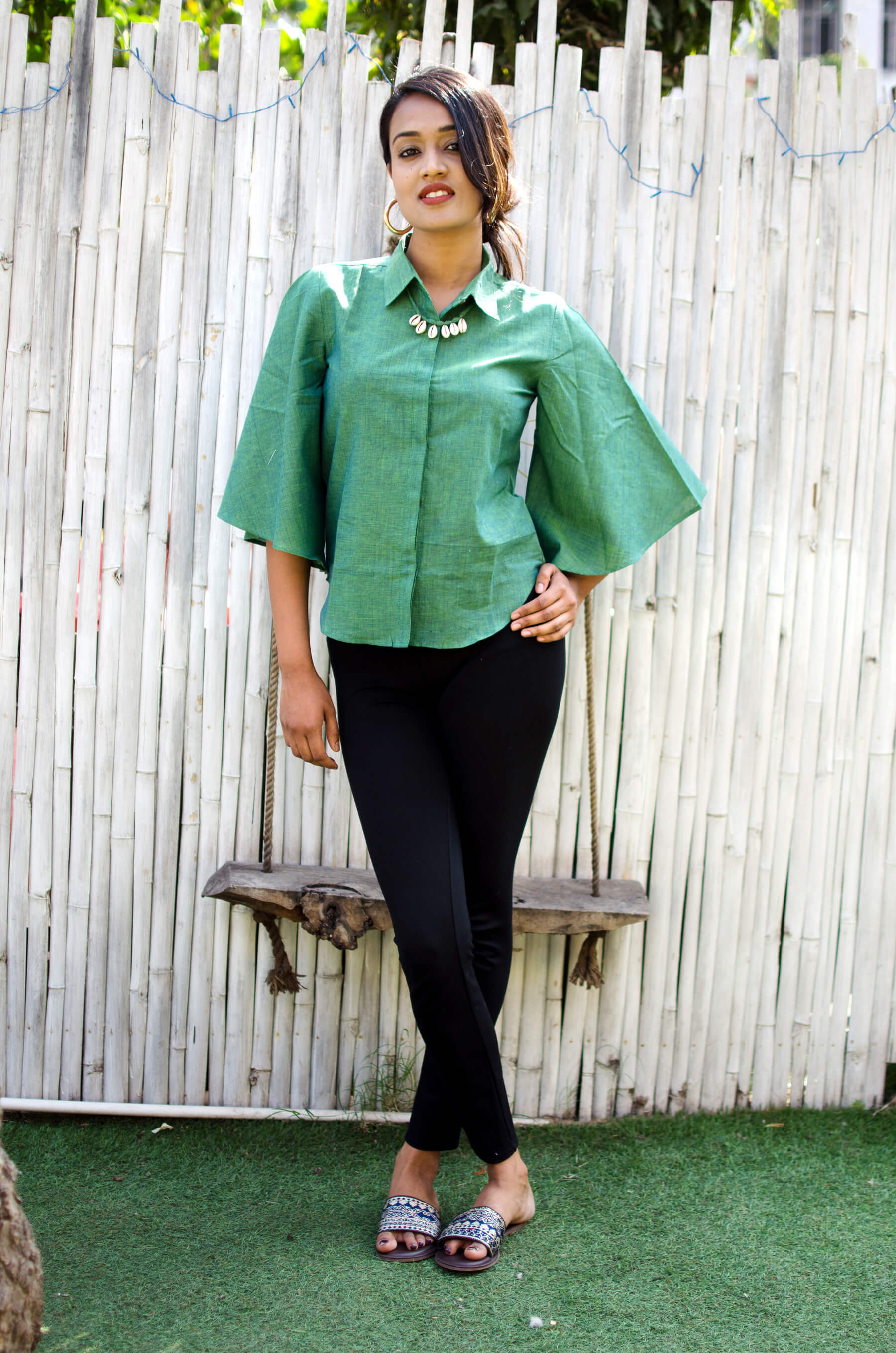 Cotton Top - Sizes Xs To Xxl, Green Flaired Bell Sleeved Design, Ethnic Printed Pattern For All Ages
