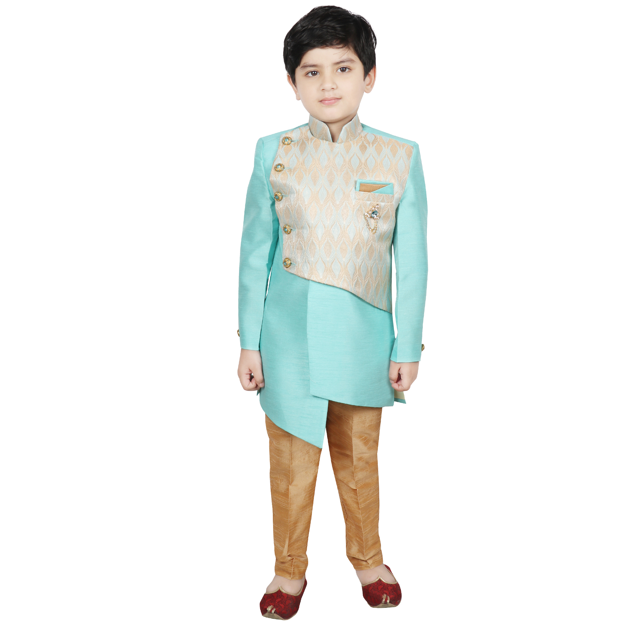 Kids Fancy Indo Western Sherwani - Silk Material, Full Sleeve, Mandarin Collar, Color Options: Orange, Peach, Sky Blue | Ethnic Design For Boys Aged 2-16
