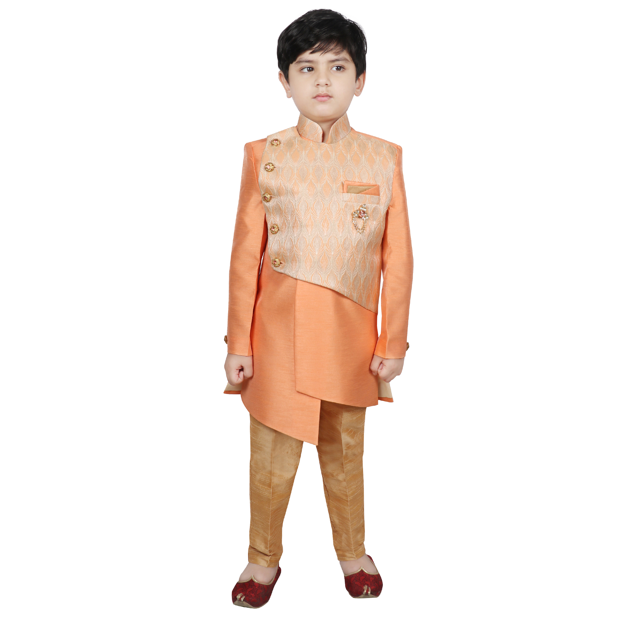 Kids Fancy Indo Western Sherwani - Silk Material, Full Sleeve, Mandarin Collar, Color Options: Orange, Peach, Sky Blue | Ethnic Design For Boys Aged 2-16