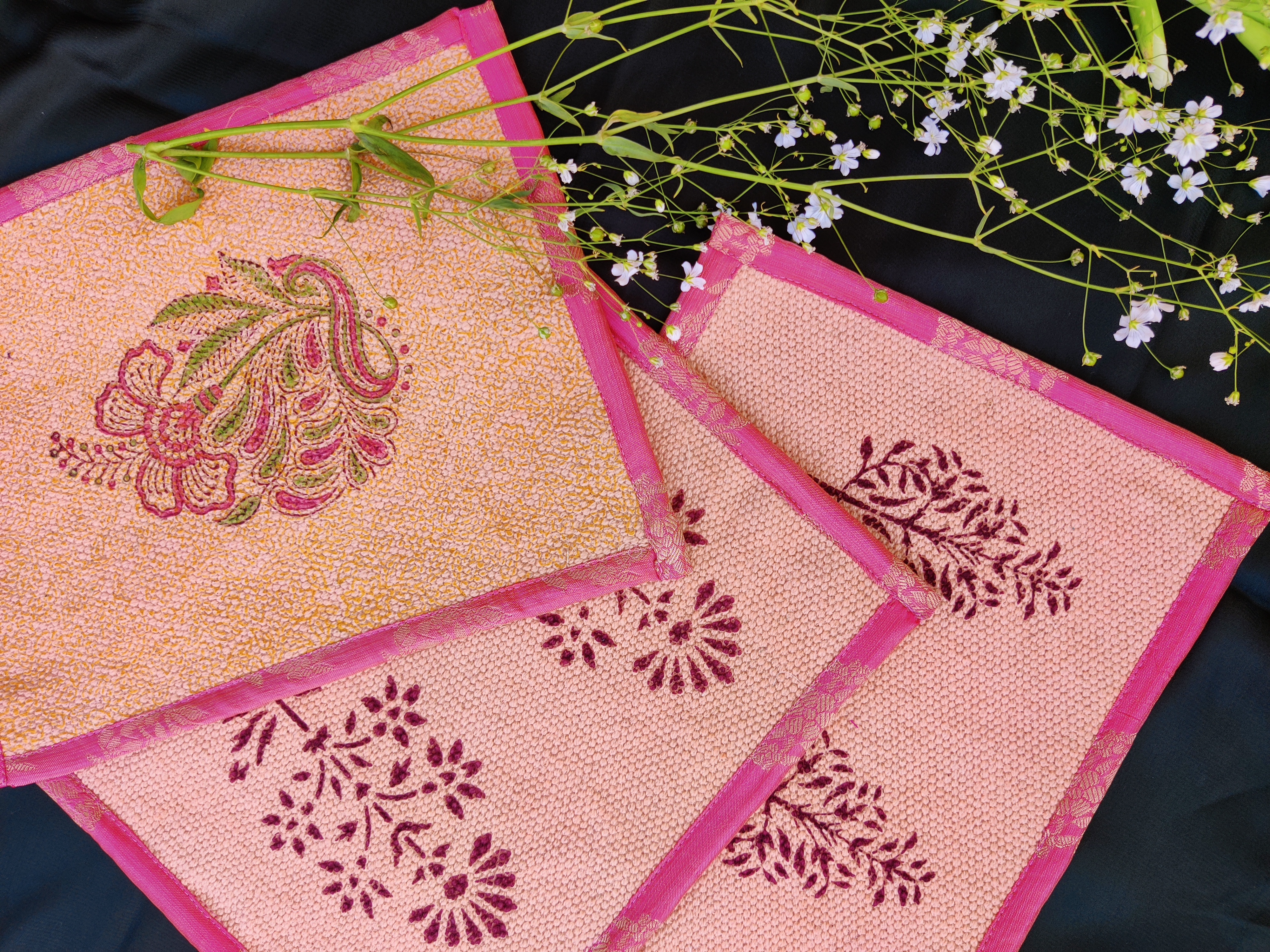 Table Mats - Cotton, 12x16 Inches, Pink Floral Design | Machine Washable, Individually Packaged