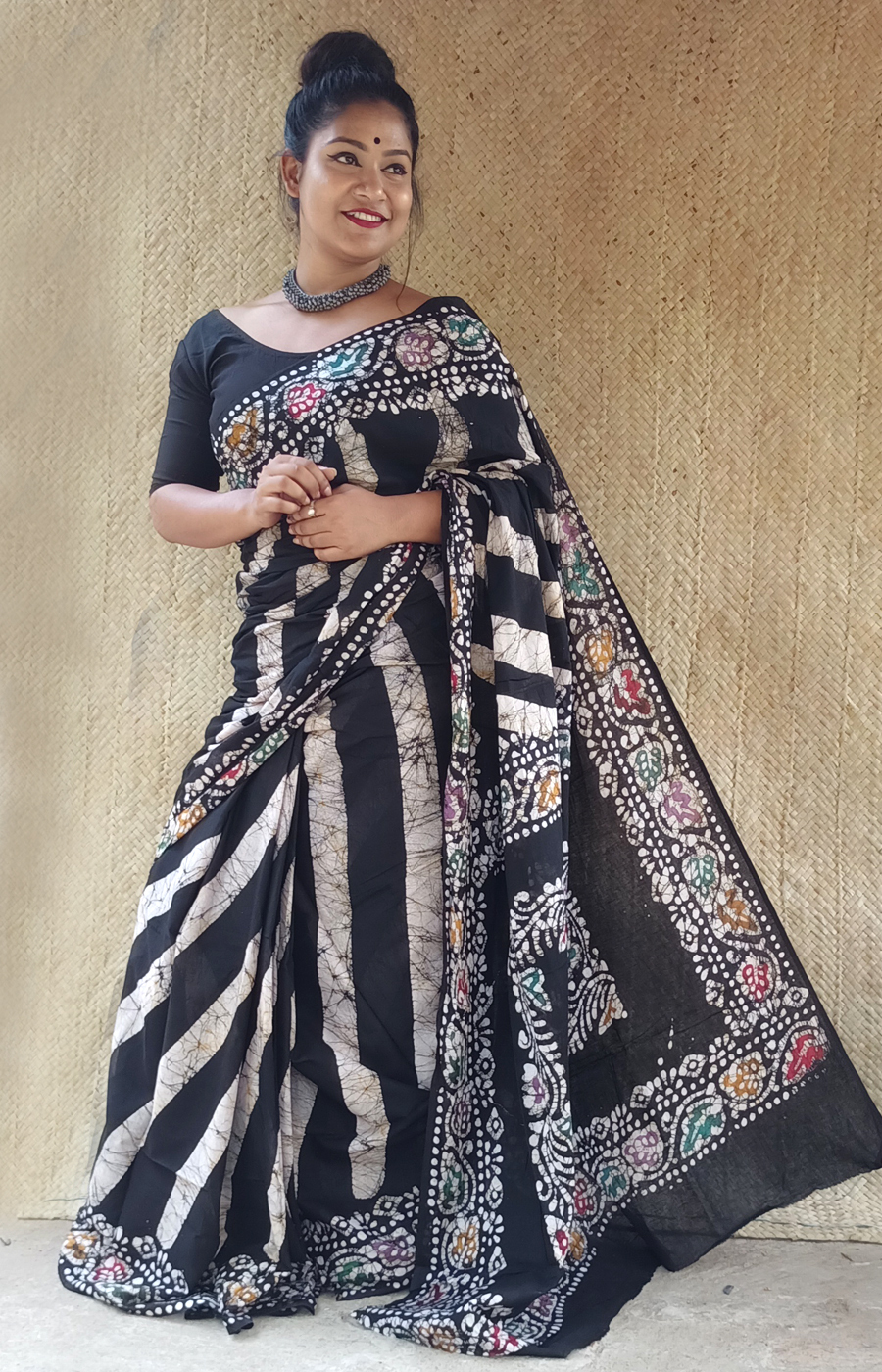 White. Batik Hand Print Saree