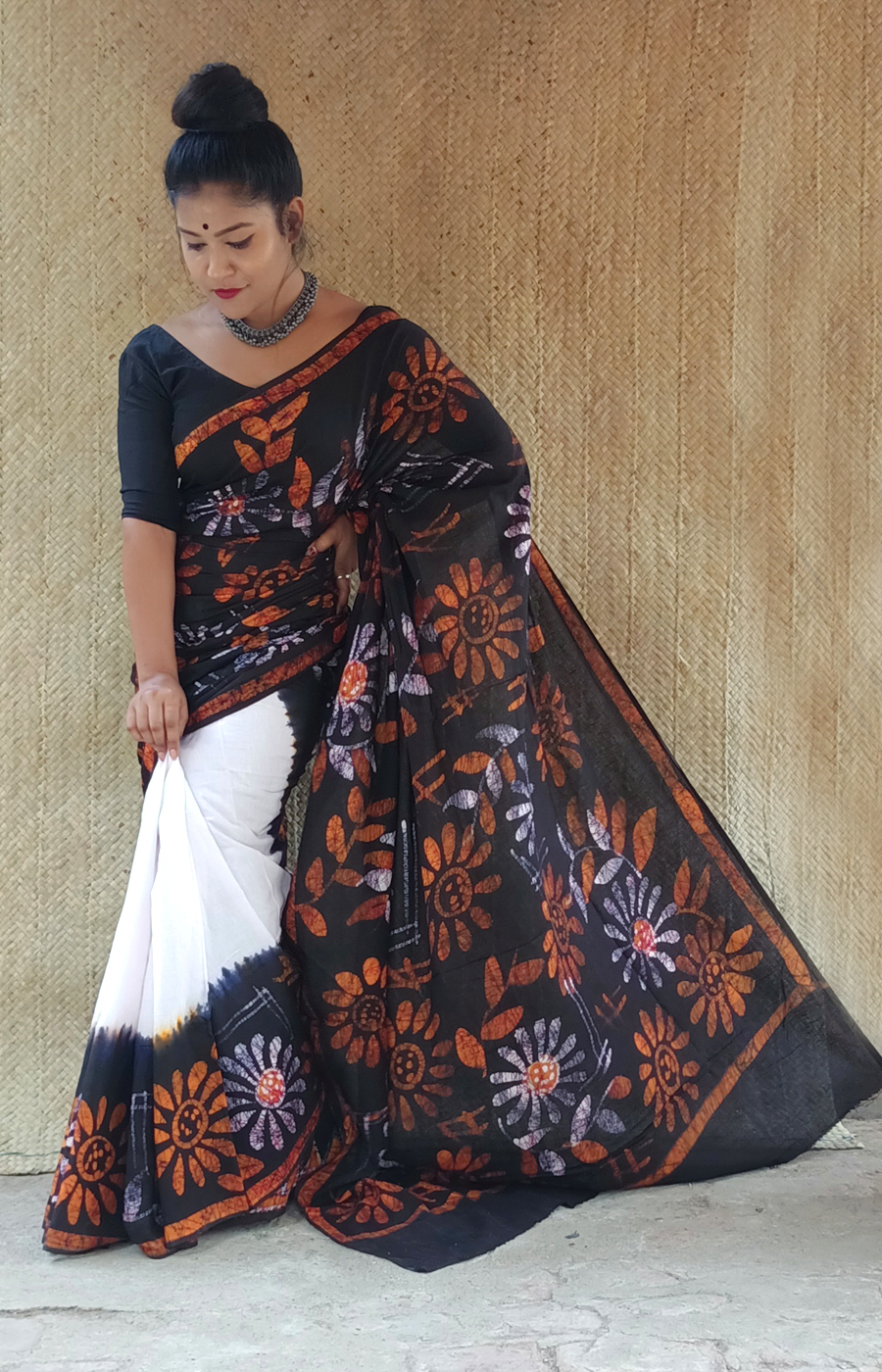 White. Batik Hand Print Saree