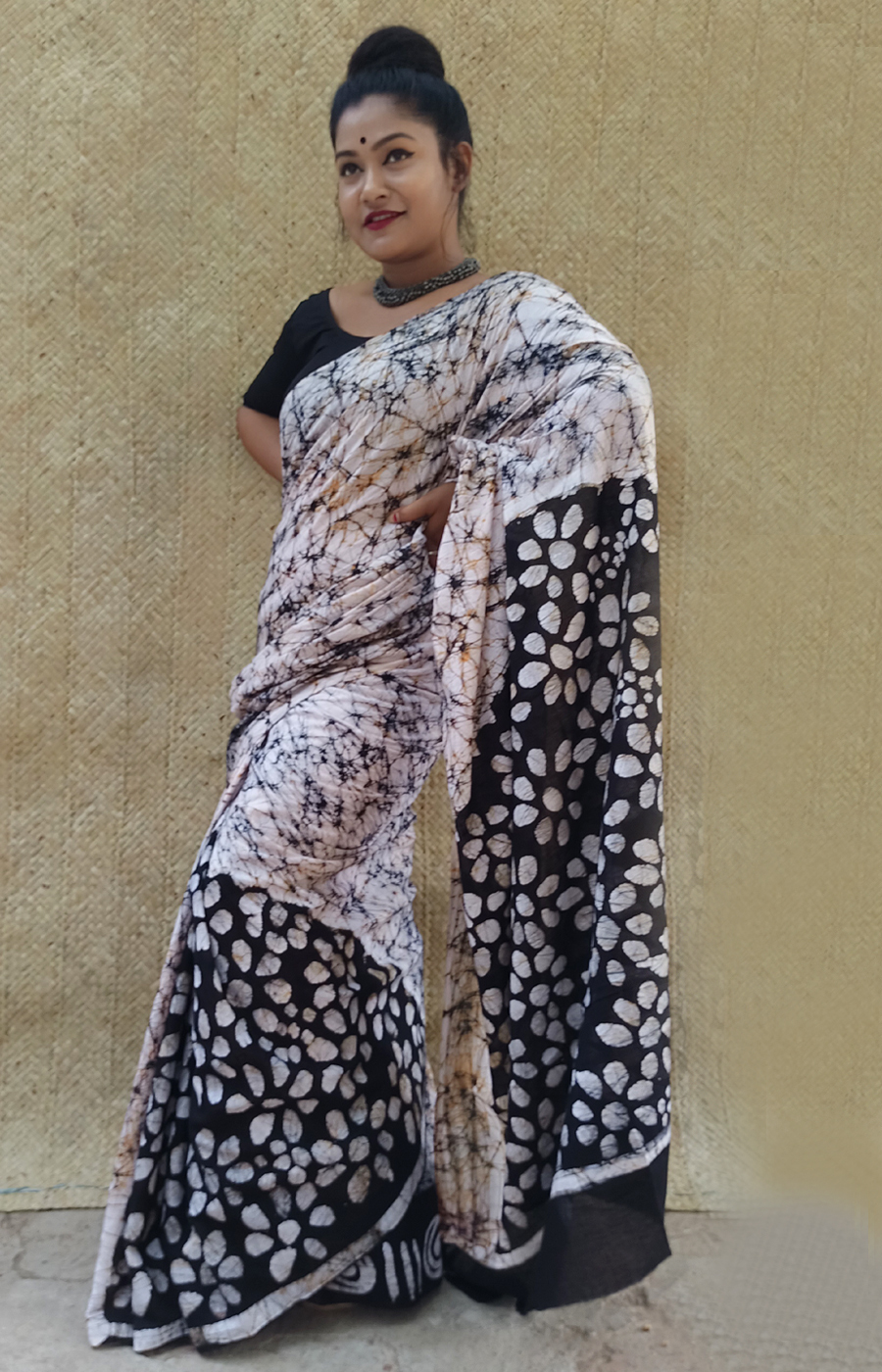 White. Batik Hand Print Saree