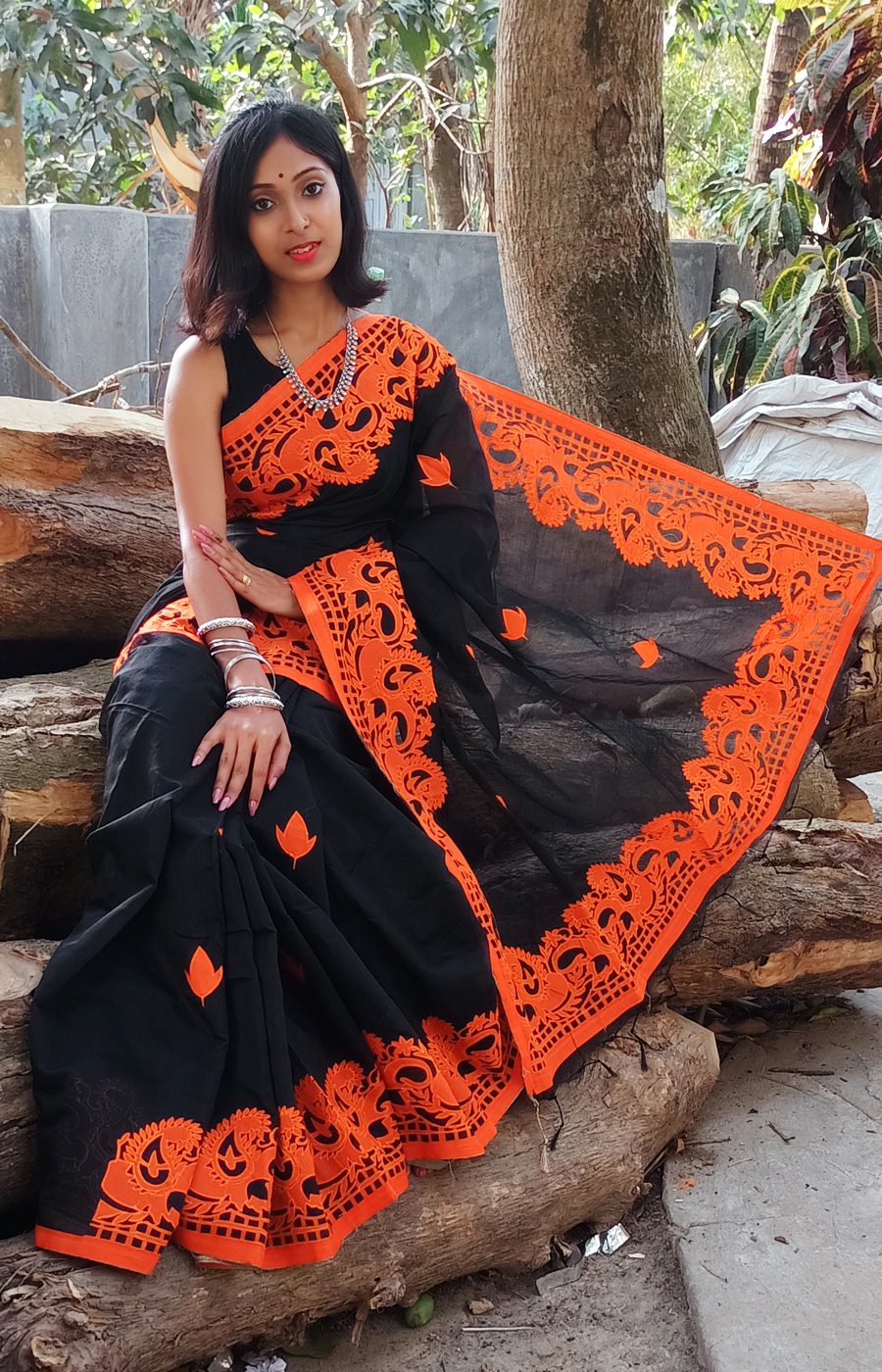 Green Applique Design Saree.