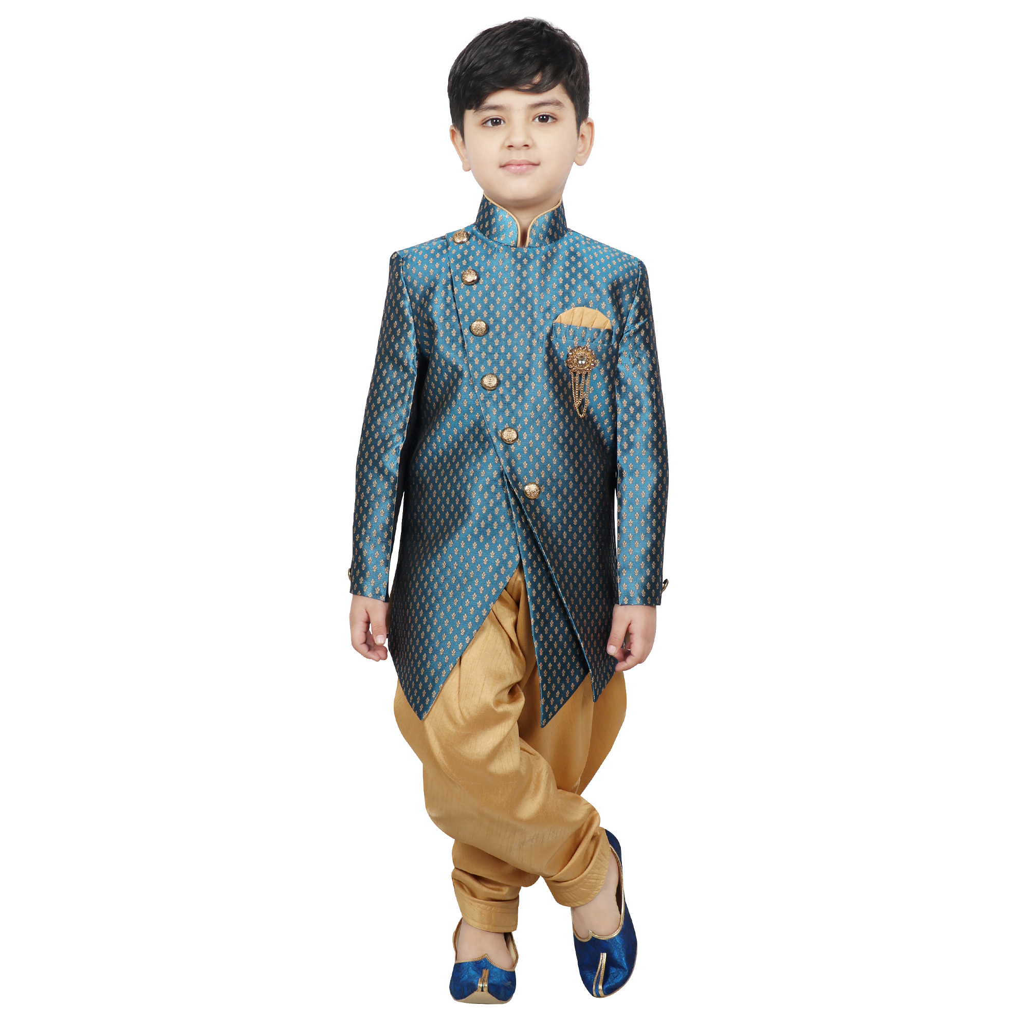 Designer Indo Western Sherwani - Silk Fabric, Age Group 2-16 Years, Brown & Sky Blue Colors | Full Sleeve, Mandarin Collar, Trendy Printed Pattern