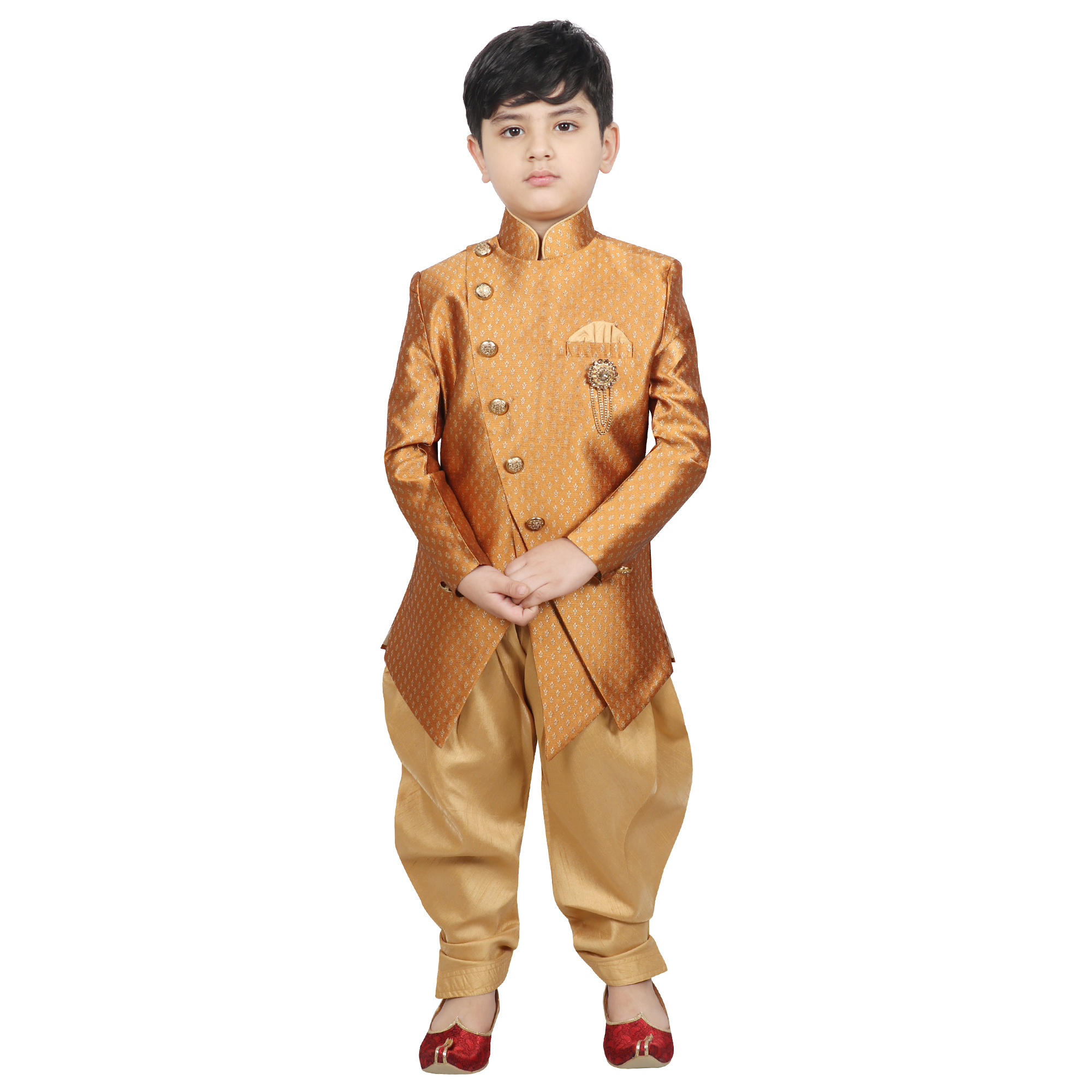 Designer Indo Western Sherwani - Silk Fabric, Age Group 2-16 Years, Brown & Sky Blue Colors | Full Sleeve, Mandarin Collar, Trendy Printed Pattern