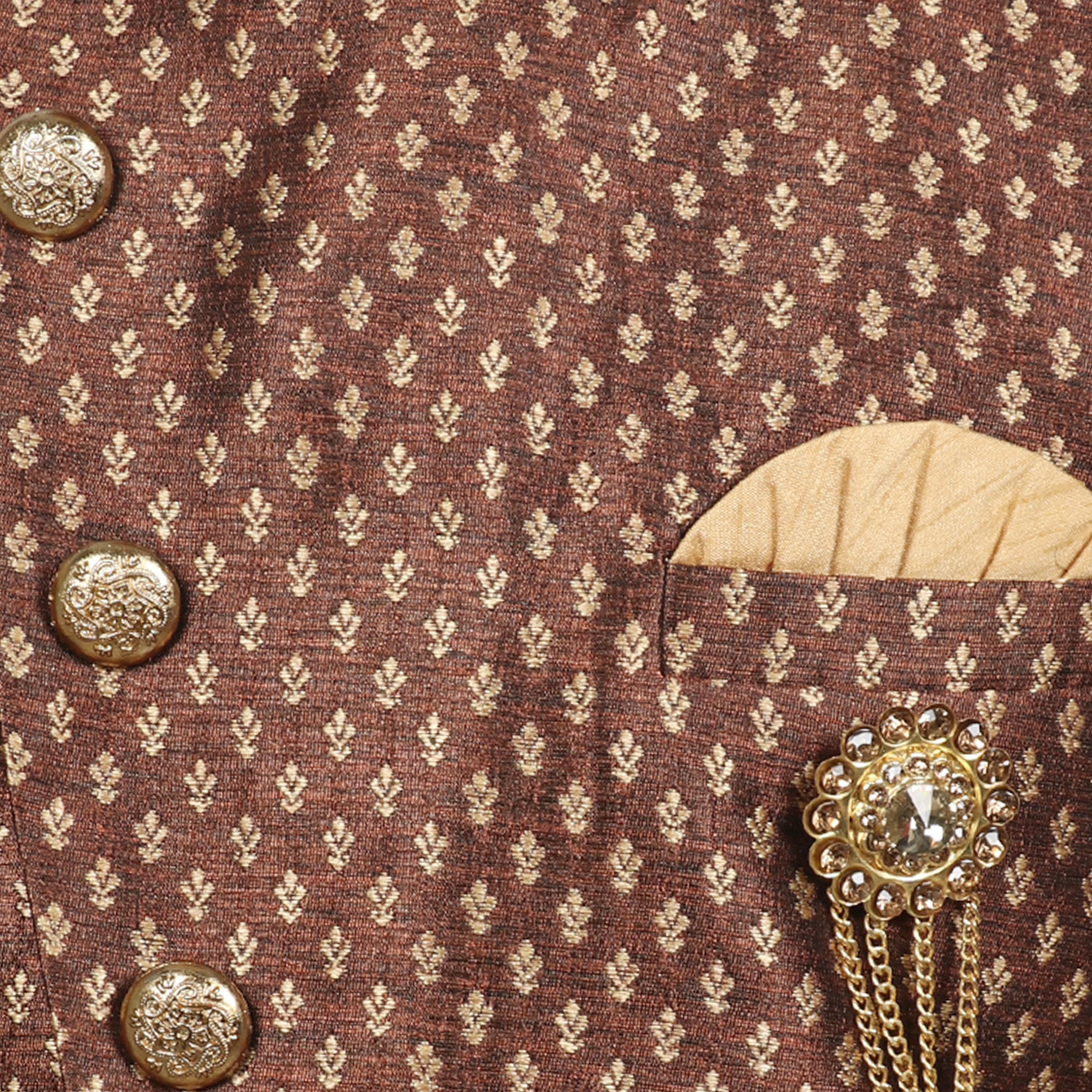 Designer Indo Western Sherwani - Silk Fabric, Age Group 2-16 Years, Brown & Sky Blue Colors | Full Sleeve, Mandarin Collar, Trendy Printed Pattern