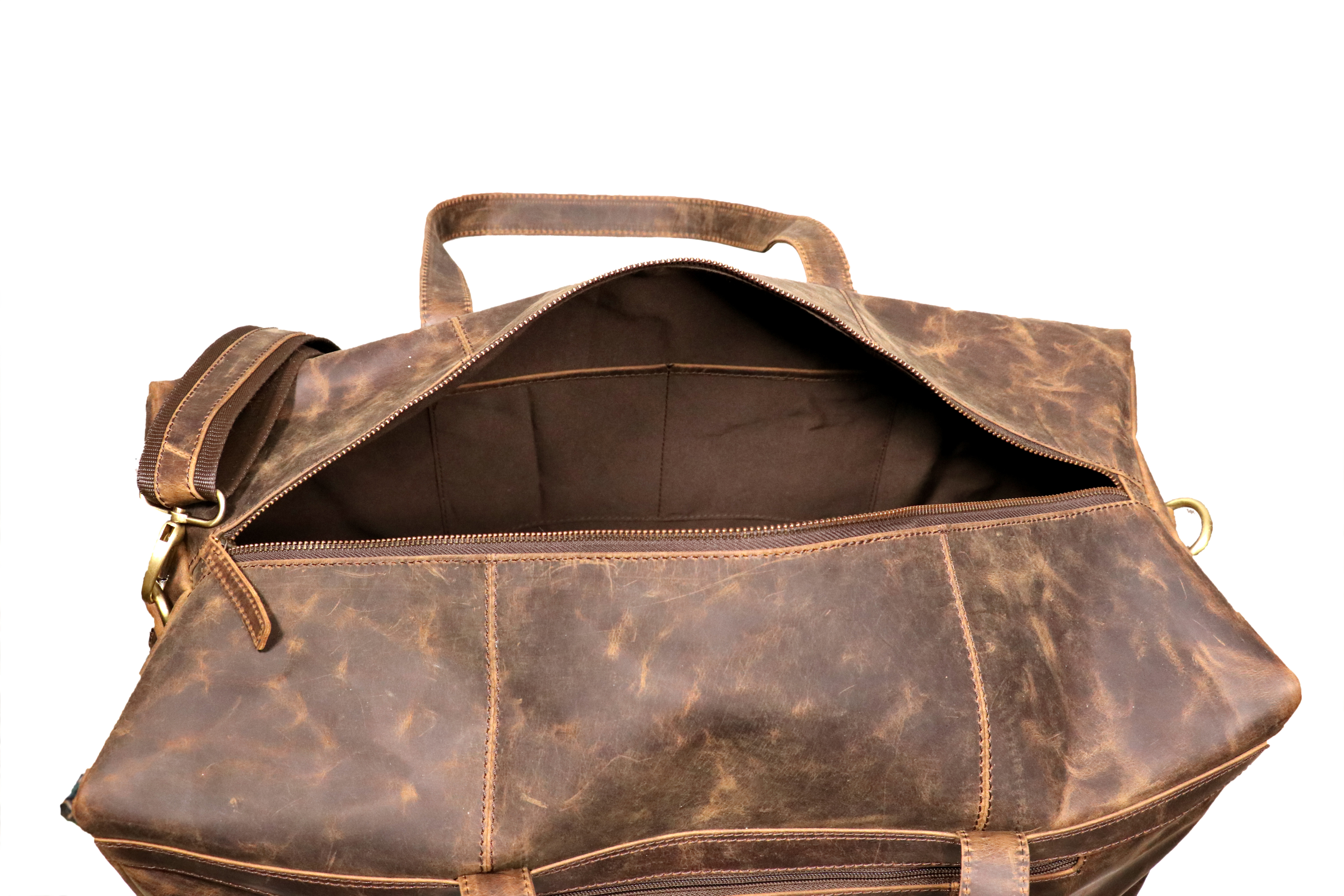 Leather Duffle Bag - Premium Leather, Unisex Design , Zip Closure, Plain Brown Shoulder Style