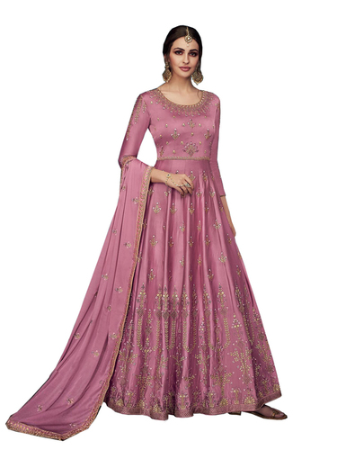 Exclusive Designer Party Wear Gown - Silk, L-xxxl Plus Size, Pink | Embroidered Full Sleeves, Cool Dry Features, Laces & Stones Decoration