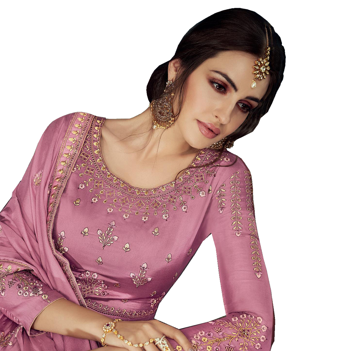 Exclusive Designer Party Wear Gown - Silk, L-xxxl Plus Size, Pink | Embroidered Full Sleeves, Cool Dry Features, Laces & Stones Decoration