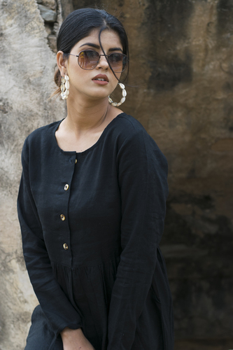 Black Dress - Stretchable Polyester Blend, Knee-Length, Black | Round Neck, Full Sleeves, Pullover, Overlock Stitch, Opaque