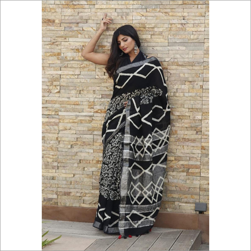 हैंड ब्लॉक प्रिंटेड लिनेन फ़ैब्रिक साड़ी