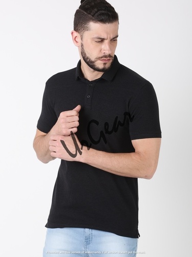 Cotton Mens Black Polo Neck T-Shirt