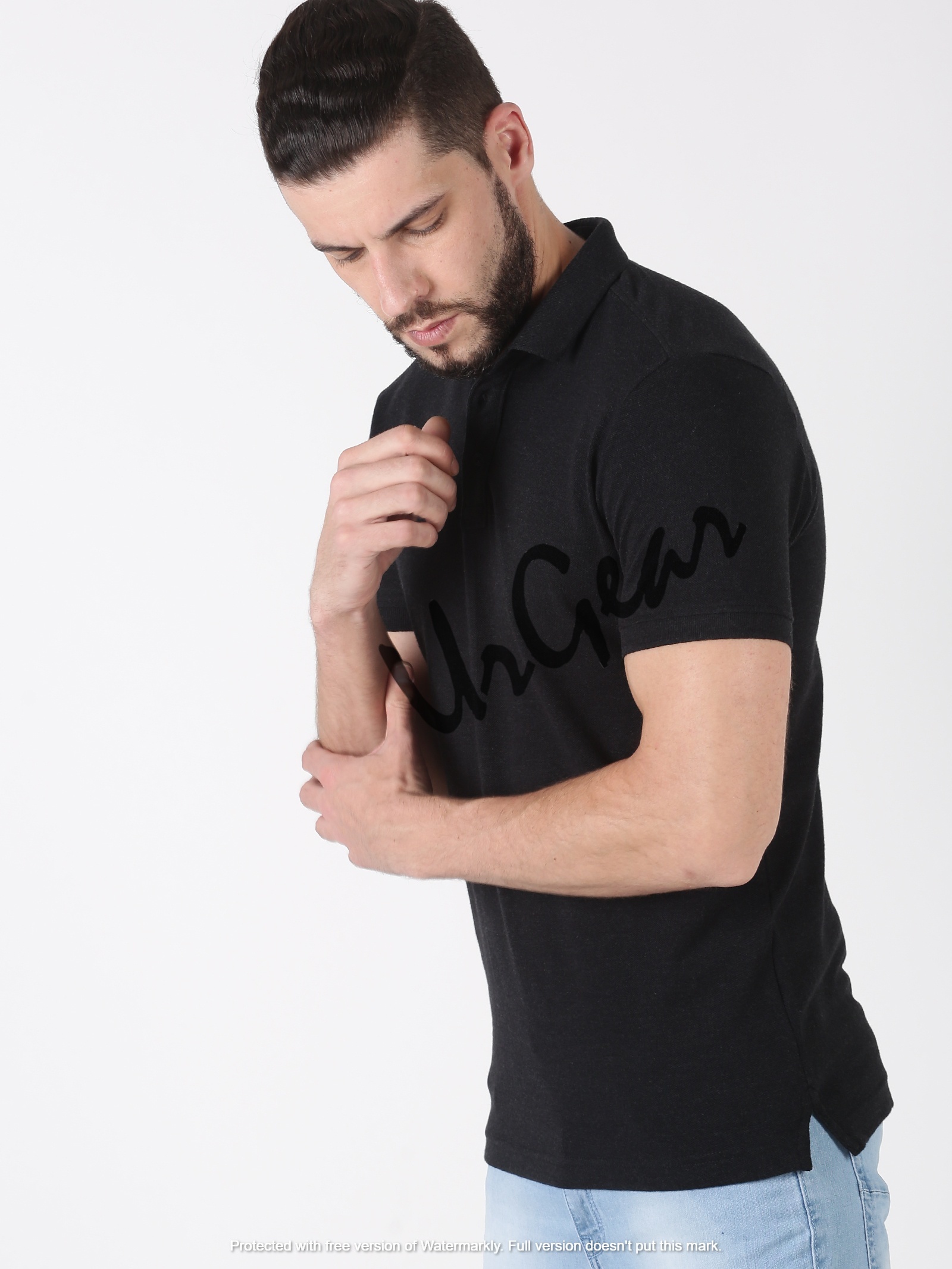 Cotton Mens Black Polo Neck T-shirt