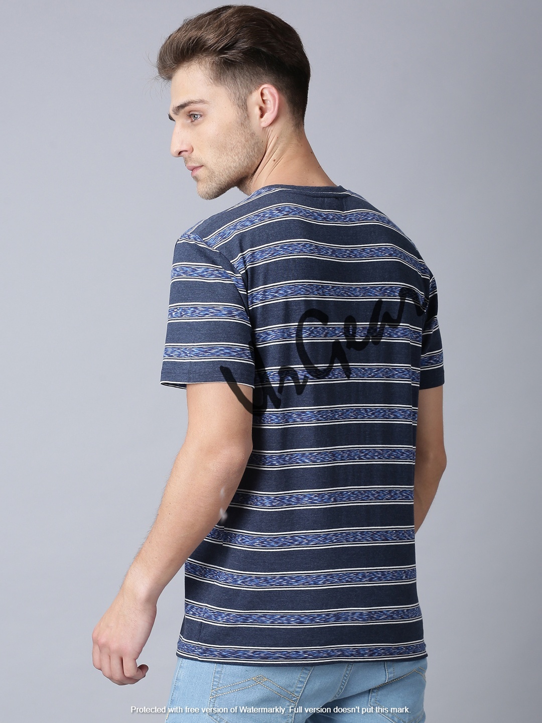 Men Round Neck T-shirt - 100% Combed Cotton, Short Sleeves, Navy Striped Pattern | Sizes S-xxxl, Bio-washed Softness, Regular/machine Wash Care