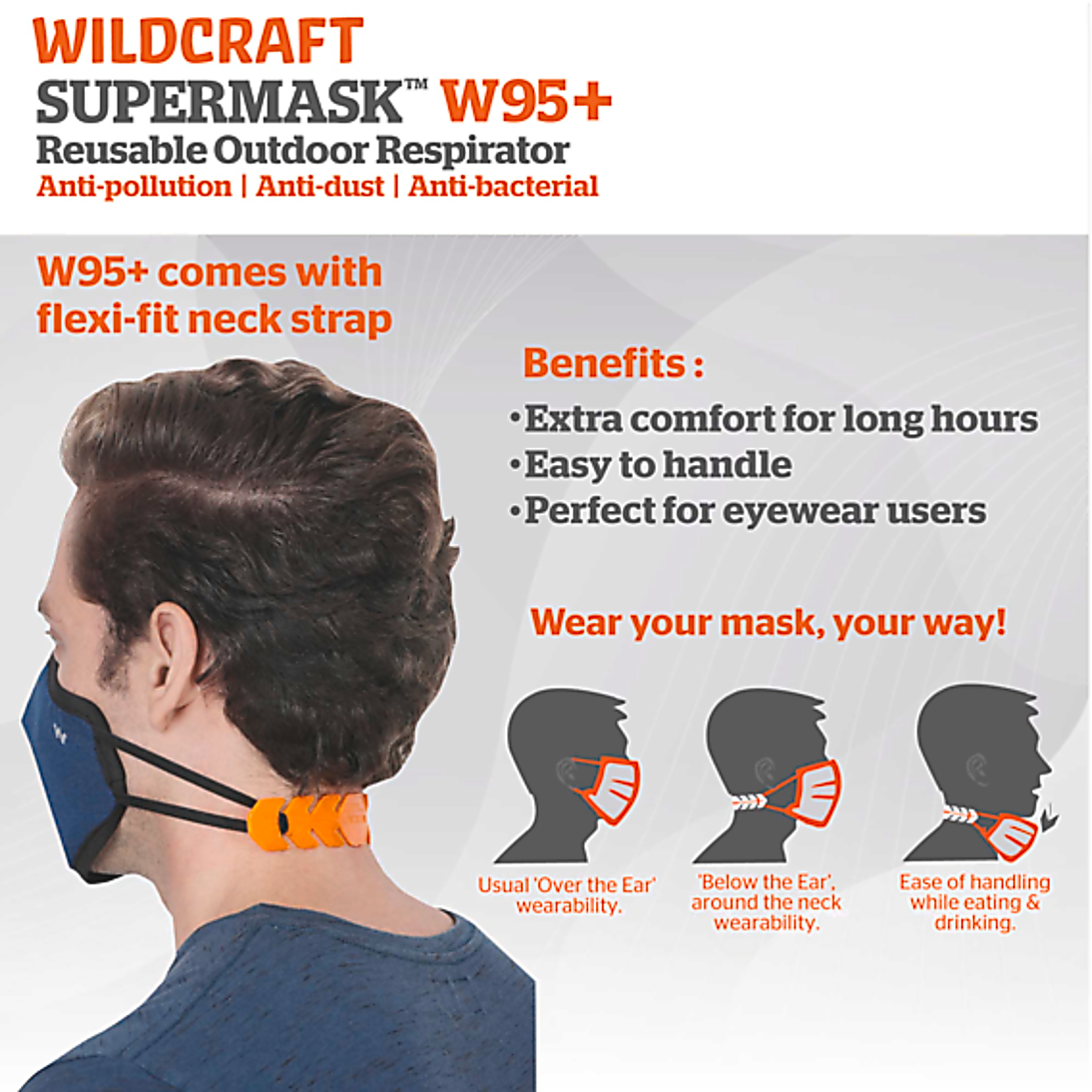 Wildcraft Supermask W95 Plus Reusable Outdoor Respirator - Charcoal Black, 6 Layers, Pm 2.5 Protection, Easy To Wear, Fluid Splash Resistant, Flexi-fit Neck Strap