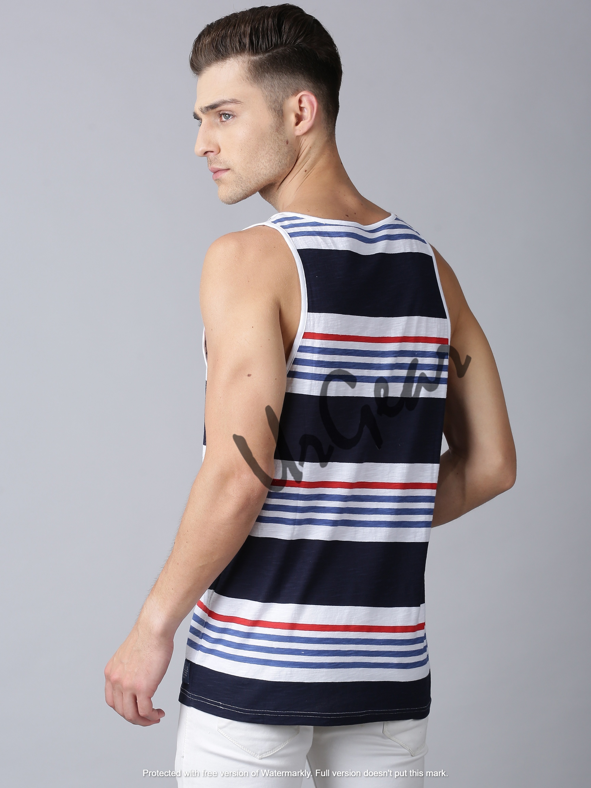 Men Round Neck T-shirt - 100% Combed Cotton, Multicolor Striped Pattern, Sizes M To Xxxl, Sleeveless O-neck Style | Bio-washed Softness, Quality Aql 2.5